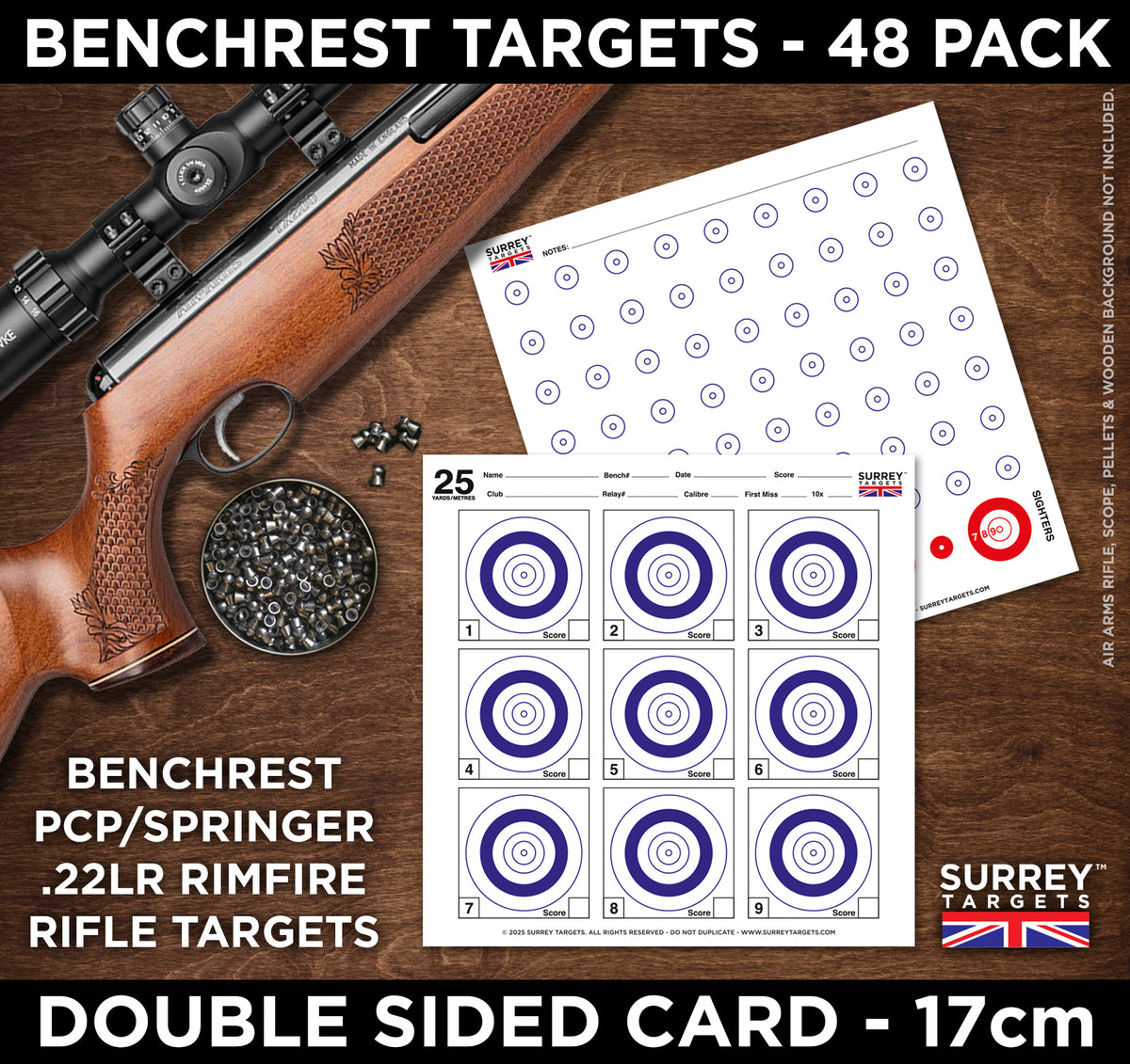 BENCHREST 25m/yd Competition & Practice. To fit 17cm Target Holders. Double Sided Card. Pack of 48