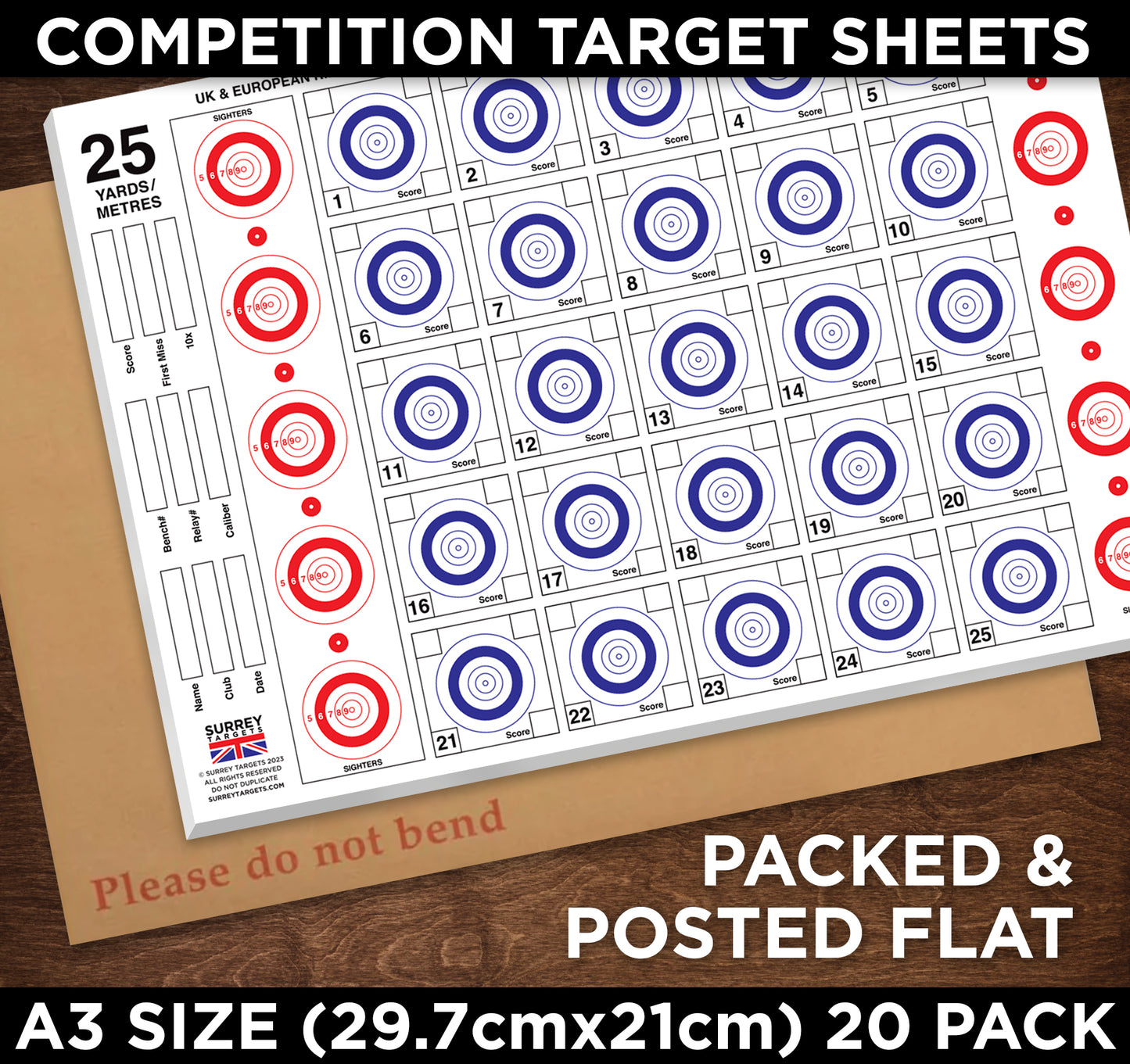 Competition & Practice Targets Sheets - Benchrest Rifle 25 Yards/Metres - Double Sided A3 Size - 300gsm - 20 Card Pack