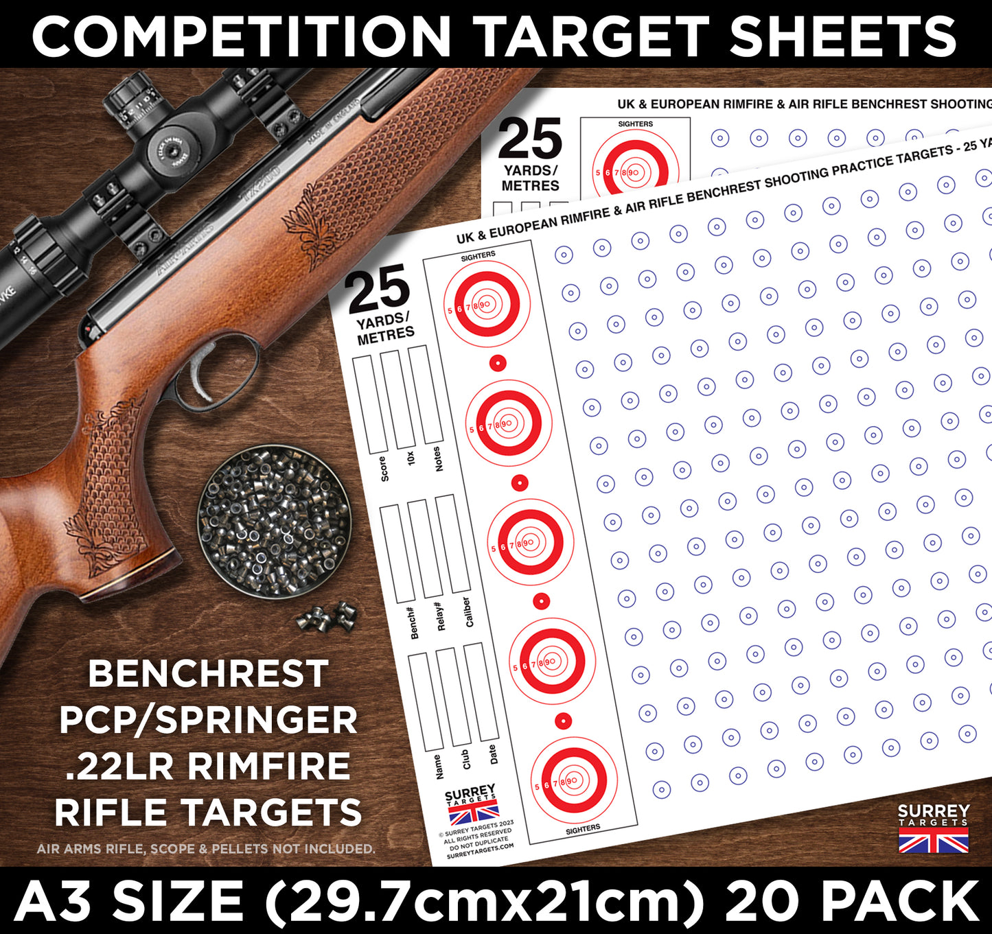 Competition & Practice Targets Sheets - Benchrest Rifle 25 Yards/Metres - Double Sided A3 Size - 300gsm - 20 Card Pack