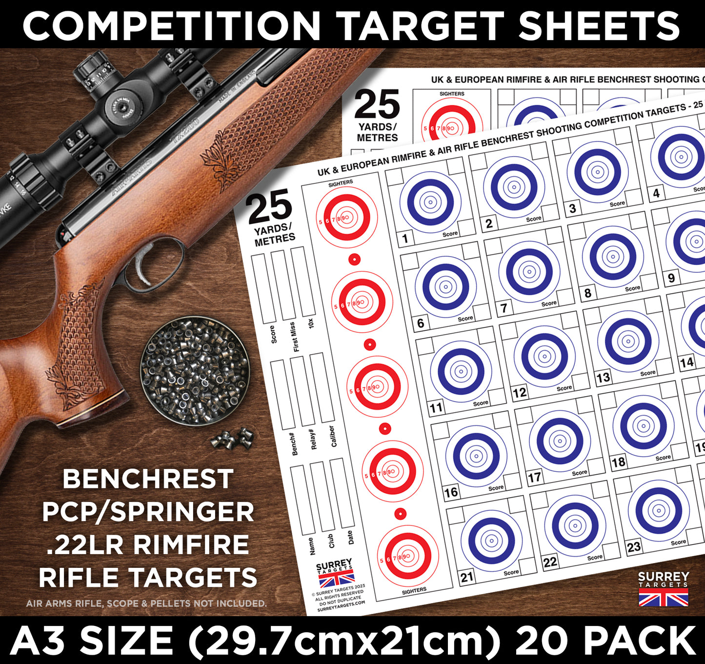Competition & Practice Targets Sheets - Benchrest Rifle 25 Yards/Metres - Double Sided A3 Size - 300gsm - 20 Card Pack