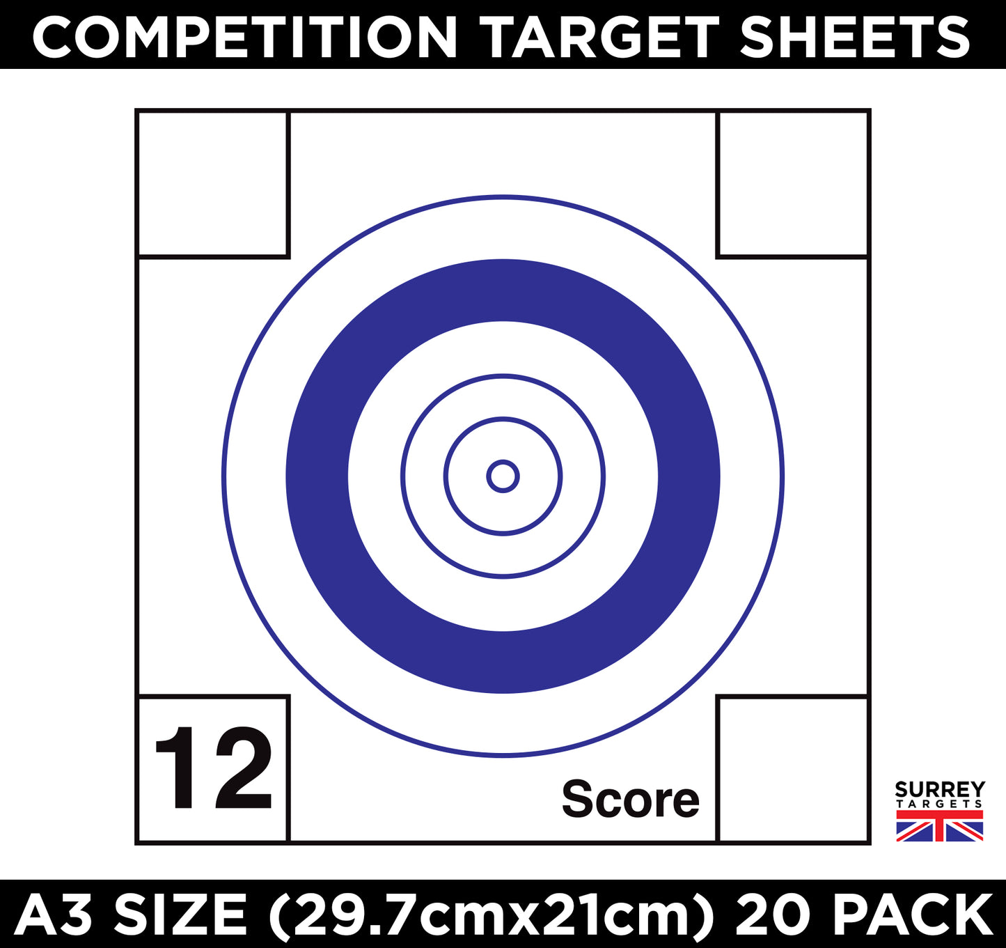 Competition & Practice Targets Sheets - Benchrest Rifle 25 Yards/Metres - Double Sided A3 Size - 300gsm - 20 Card Pack