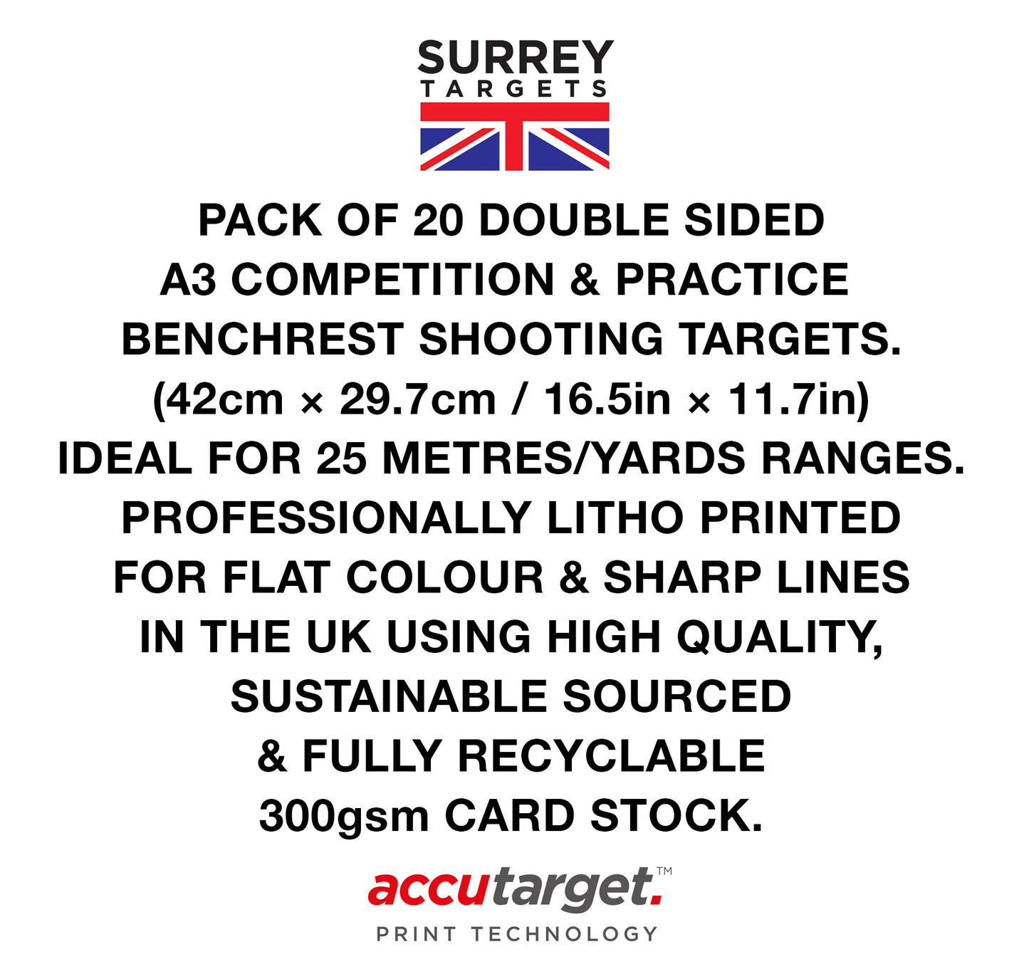 Competition & Practice Targets Sheets - Benchrest Rifle 25 Yards/Metres - Double Sided A3 Size - 300gsm - 20 Card Pack