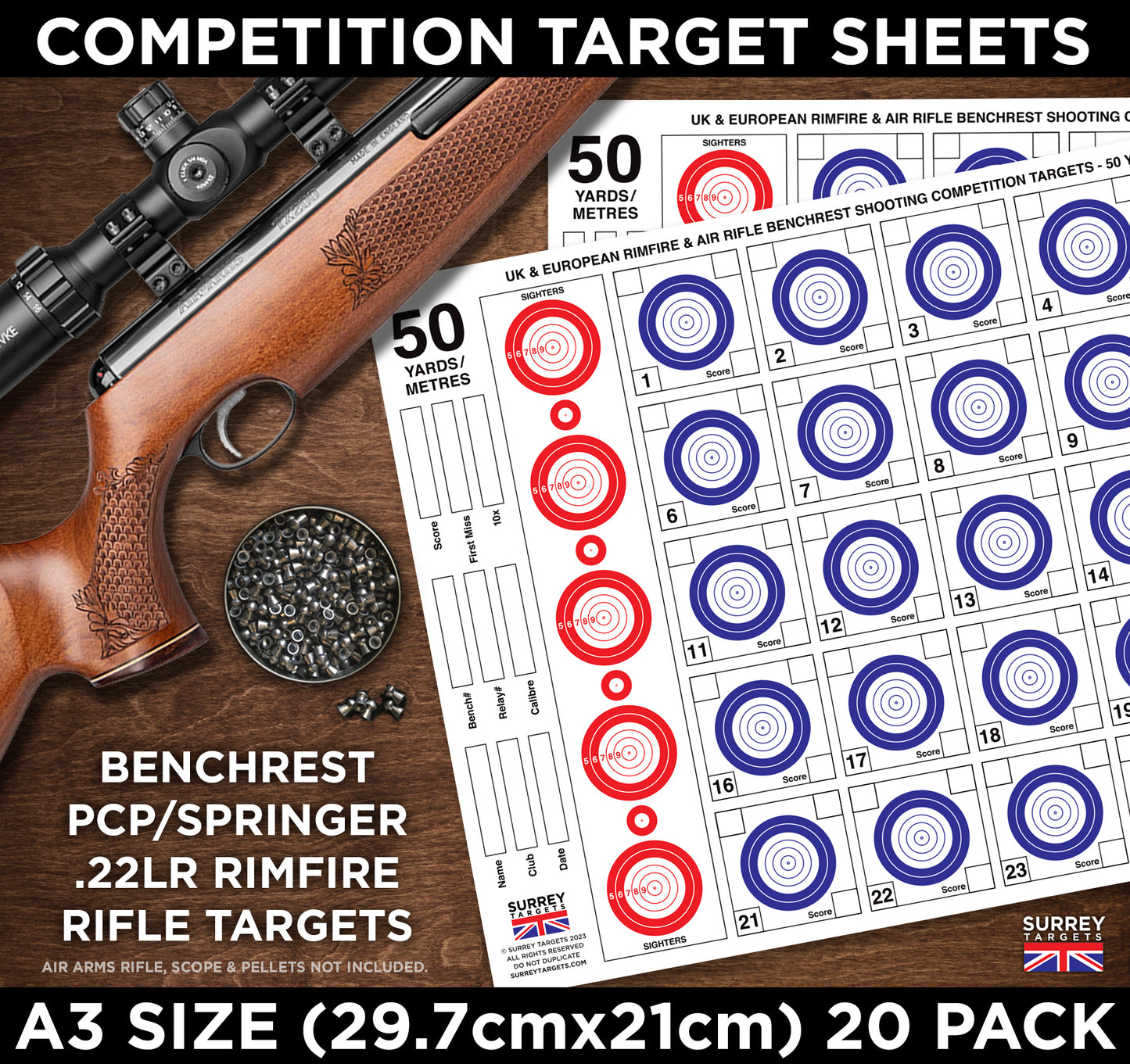 Competition & Practice Targets Sheets - Benchrest Rifle 50 Yards/Metres - Double Sided A3 Size - 300gsm - 20 Card Pack