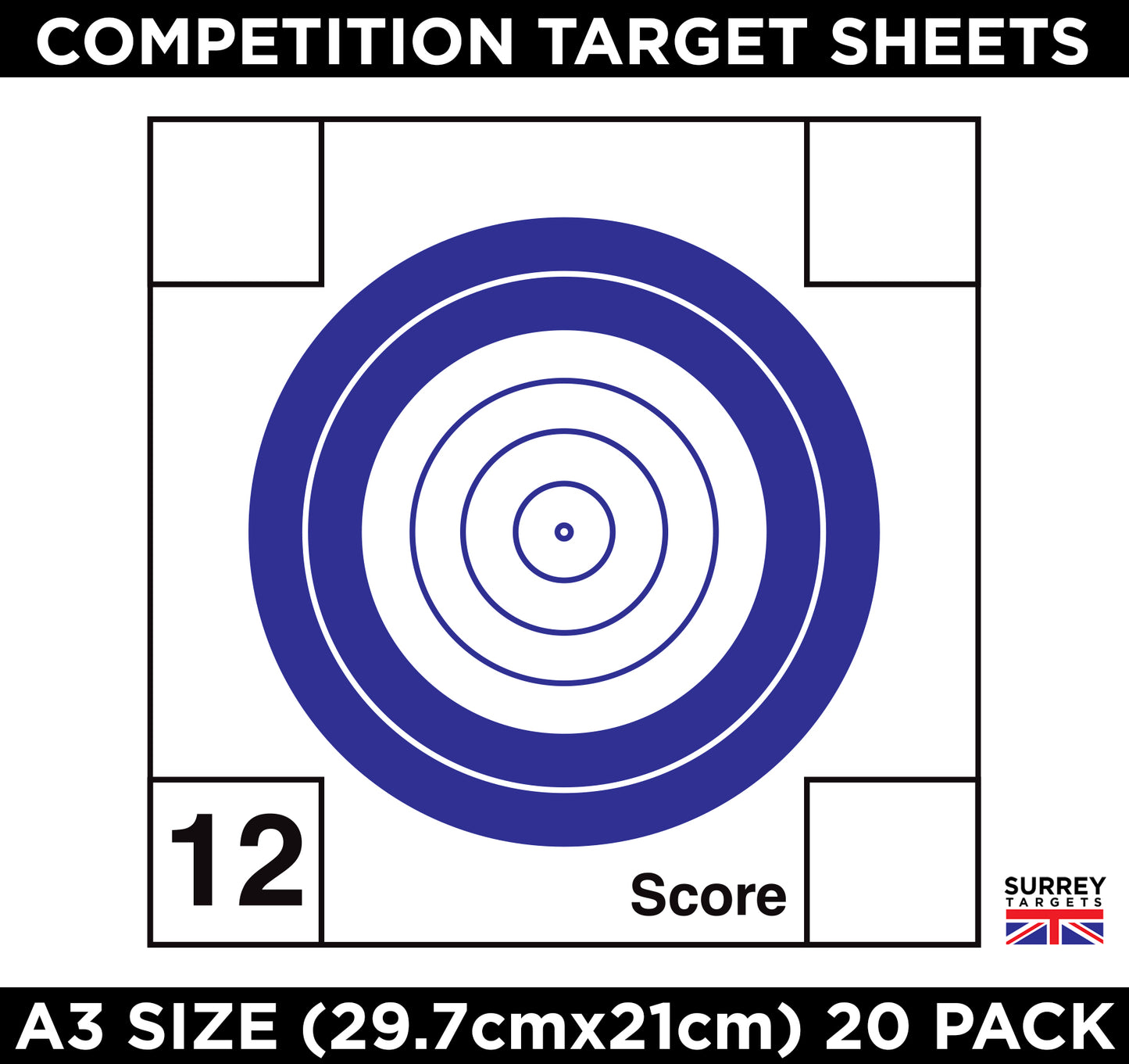 Competition & Practice Targets Sheets - Benchrest Rifle 50 Yards/Metres - Double Sided A3 Size - 300gsm - 20 Card Pack
