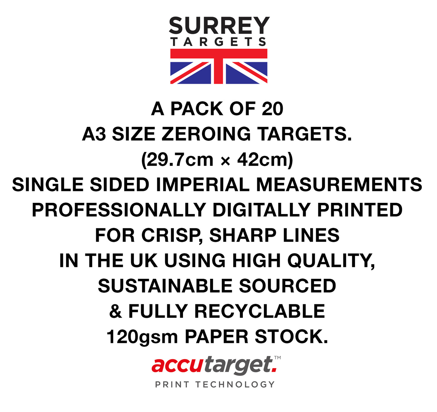 A3 IMPERIAL Measurements Zeroing Exacting Sighting Target - 20 Pack