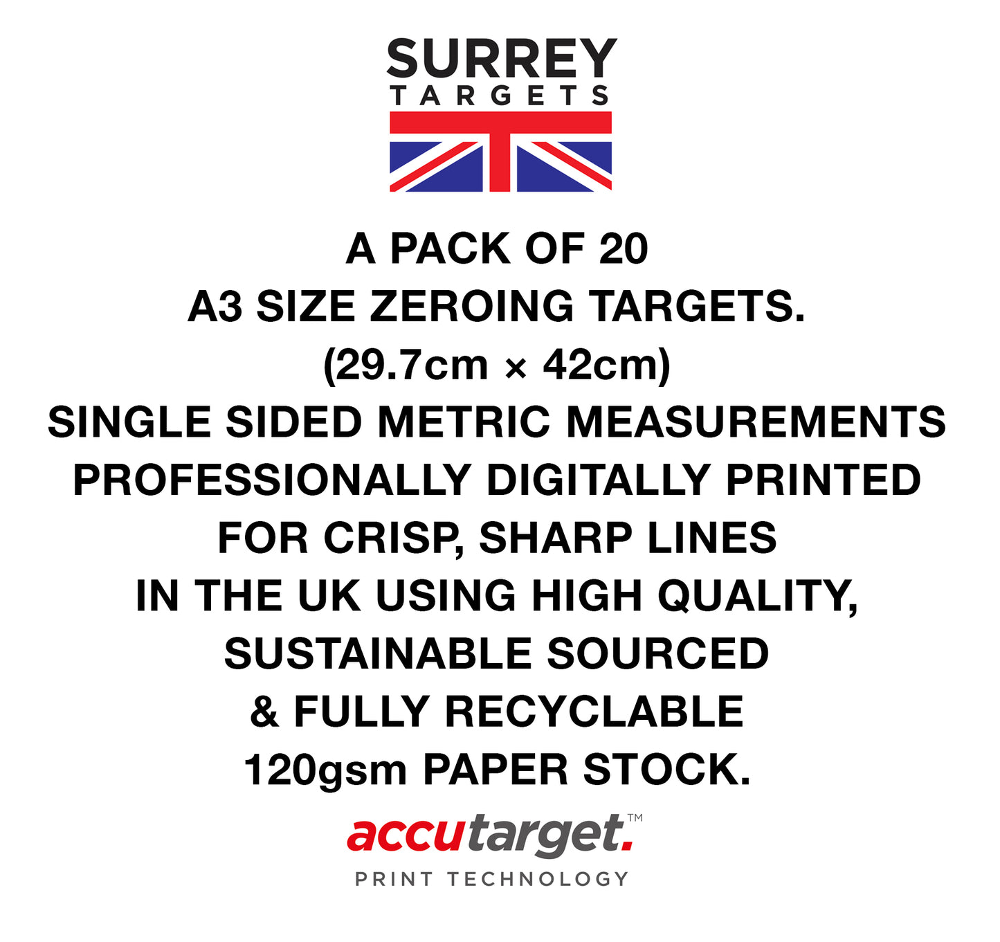 A3 METRIC Measurements Zeroing Exacting Sighting Target - 20 Pack