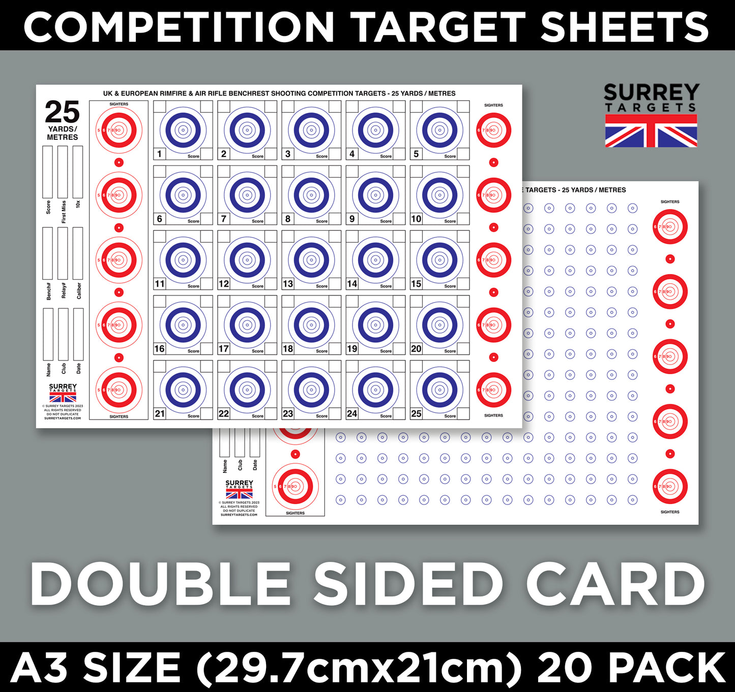 Competition & Practice Targets Sheets - Benchrest Rifle 25 Yards/Metres - Double Sided A3 Size - 300gsm - 20 Card Pack