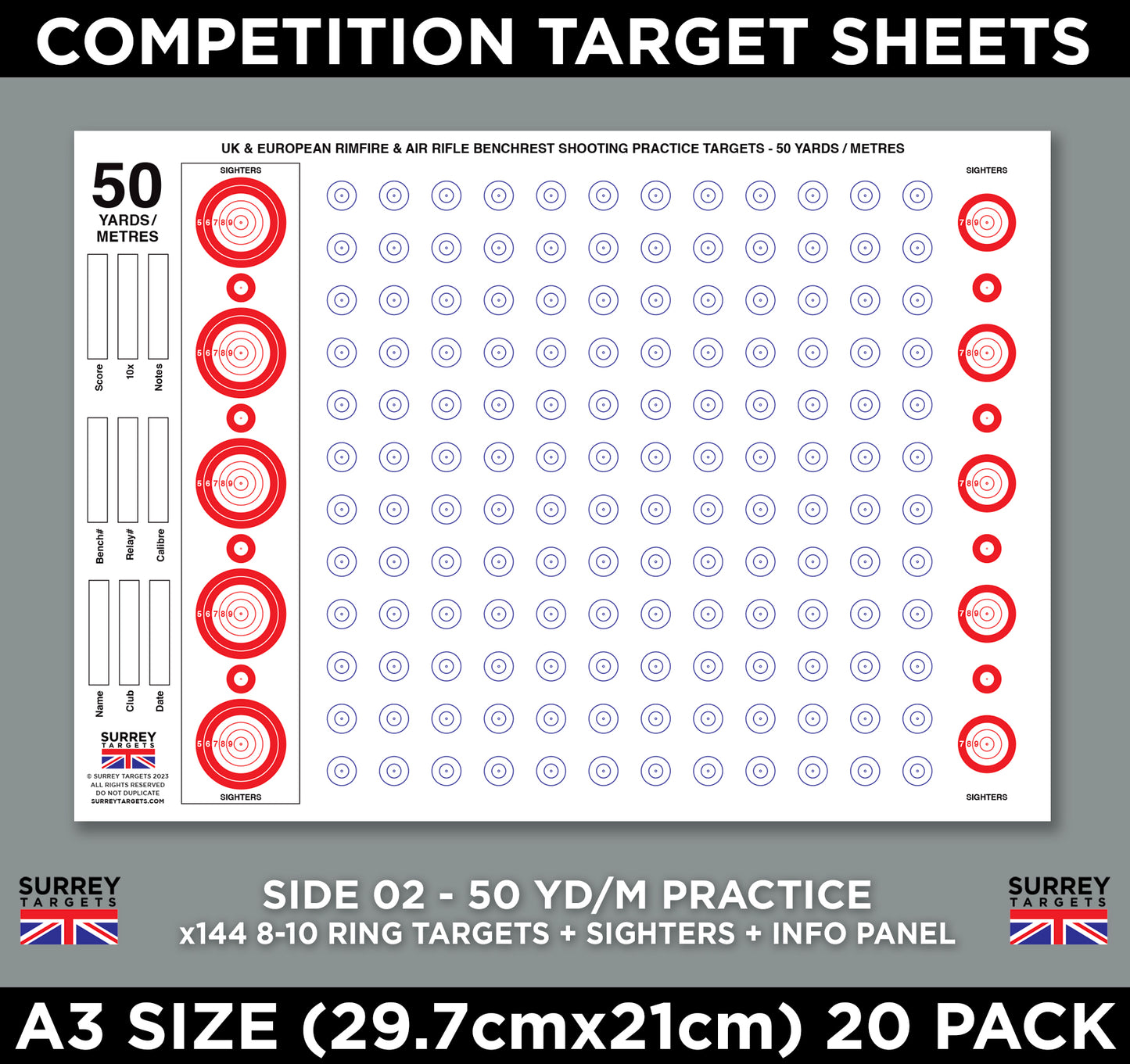 Competition & Practice Targets Sheets - Benchrest Rifle 50 Yards/Metres - Double Sided A3 Size - 300gsm - 20 Card Pack