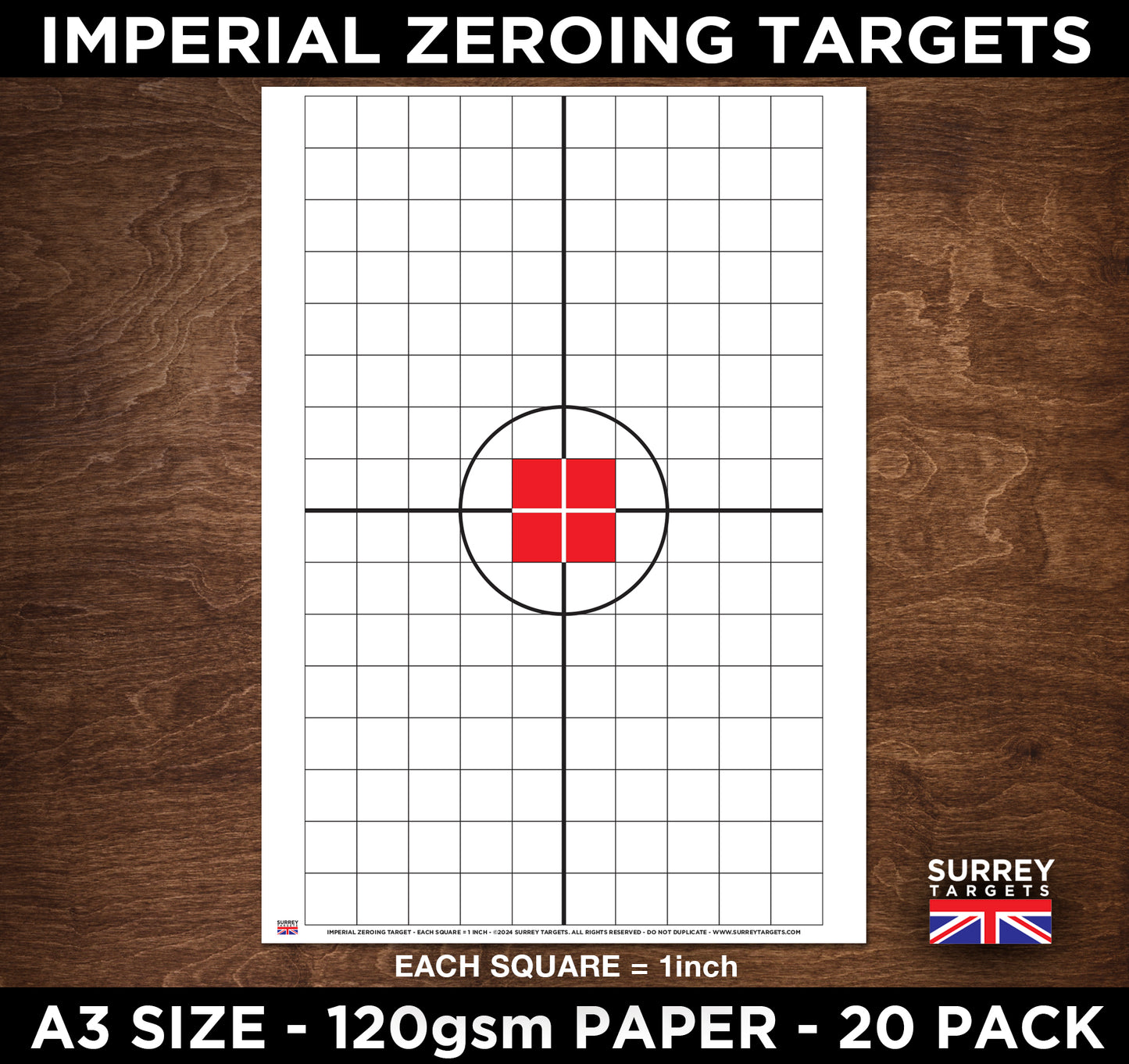 A3 IMPERIAL Measurements Zeroing Exacting Sighting Target - 20 Pack