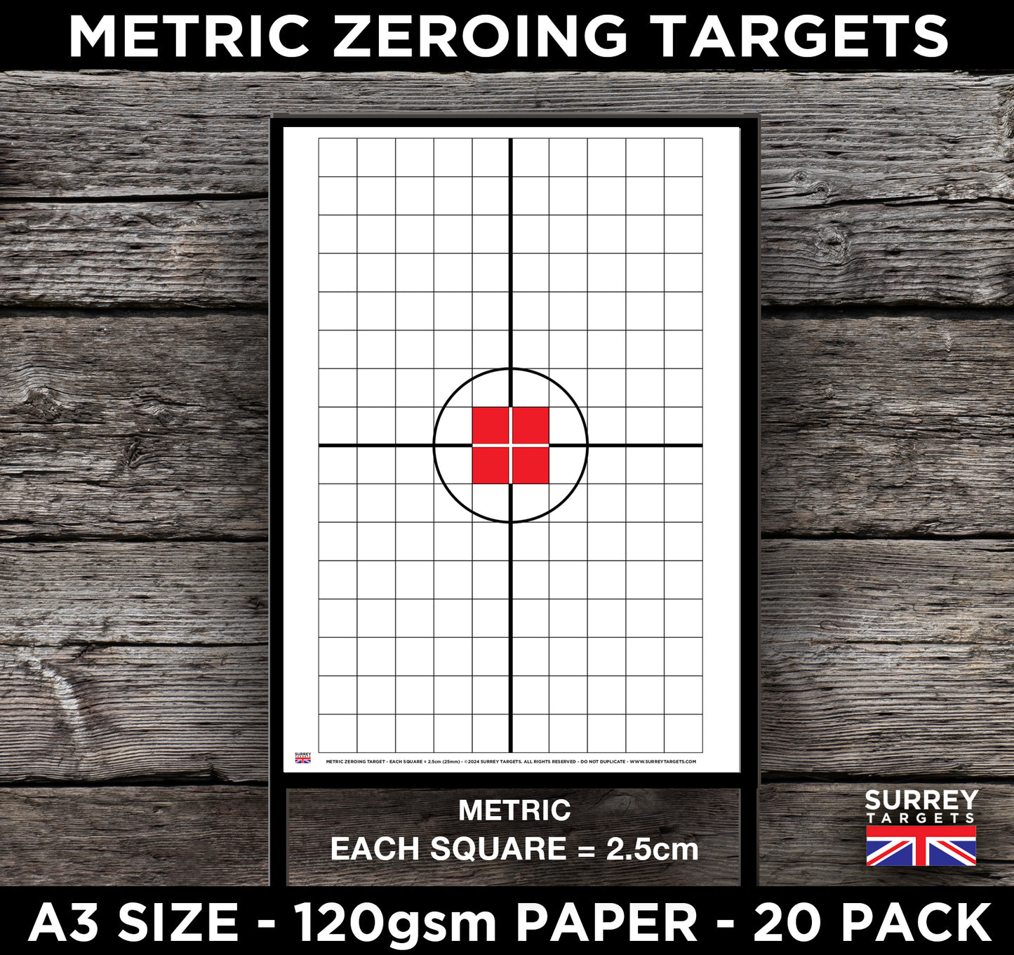 A3 METRIC Measurements Zeroing Exacting Sighting Target - 20 Pack