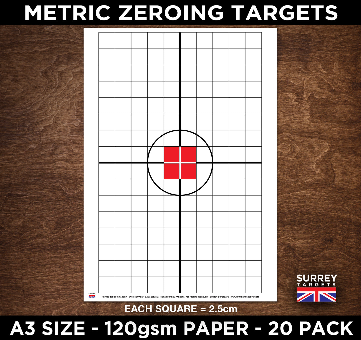 A3 METRIC Measurements Zeroing Exacting Sighting Target - 20 Pack