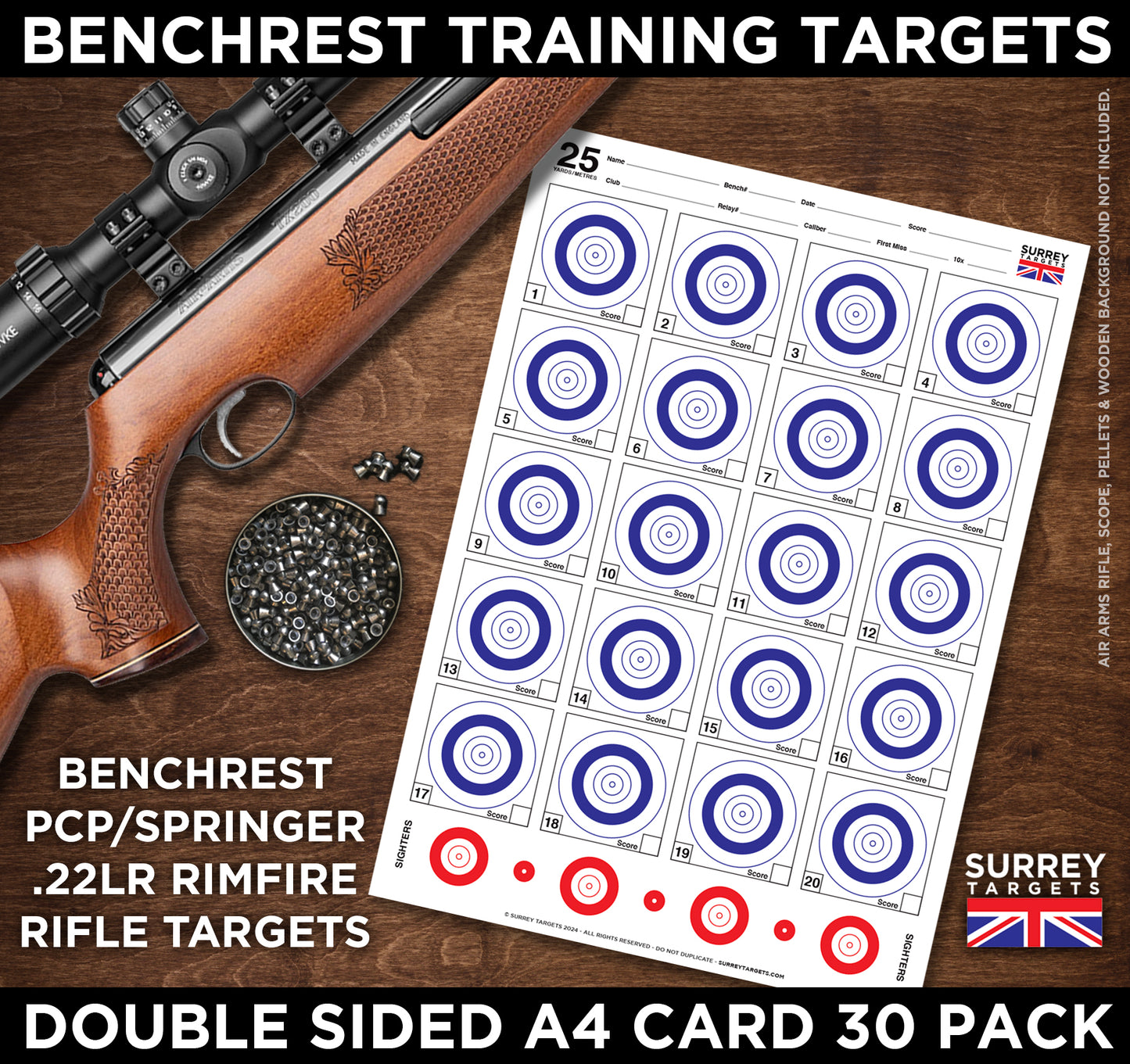 Benchrest Training Targets - 25yd/m & 50yd/m - Double Sided A4 Size Card - 30 Pack