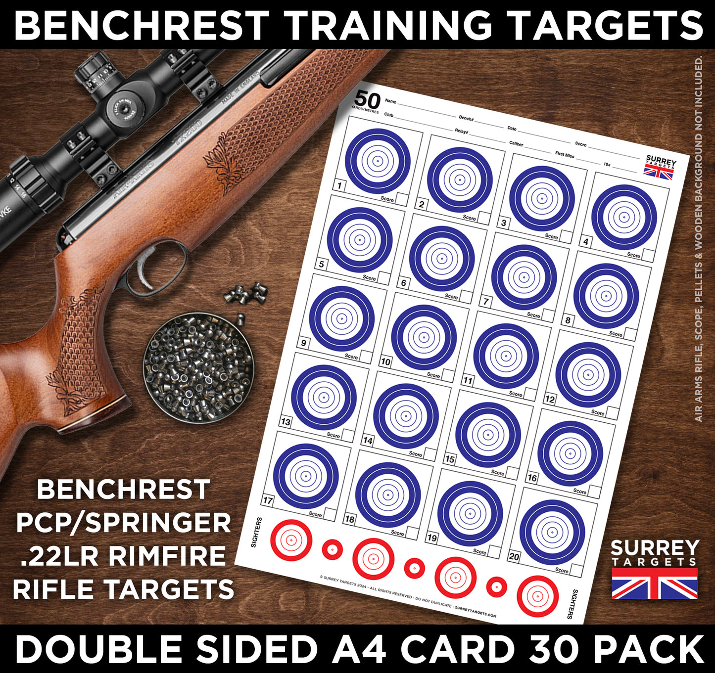 Benchrest Training Targets - 25yd/m & 50yd/m - Double Sided A4 Size Card - 30 Pack