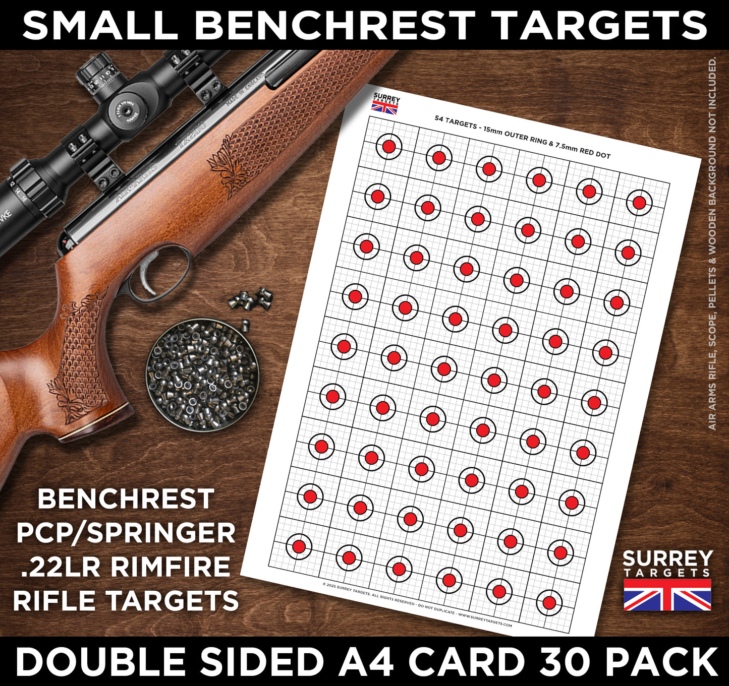 BENCHREST Shooting Targets 30mm A4 Sheets Airsoft Rifle Rimfire BB - 2 Sided 30 pack quality card