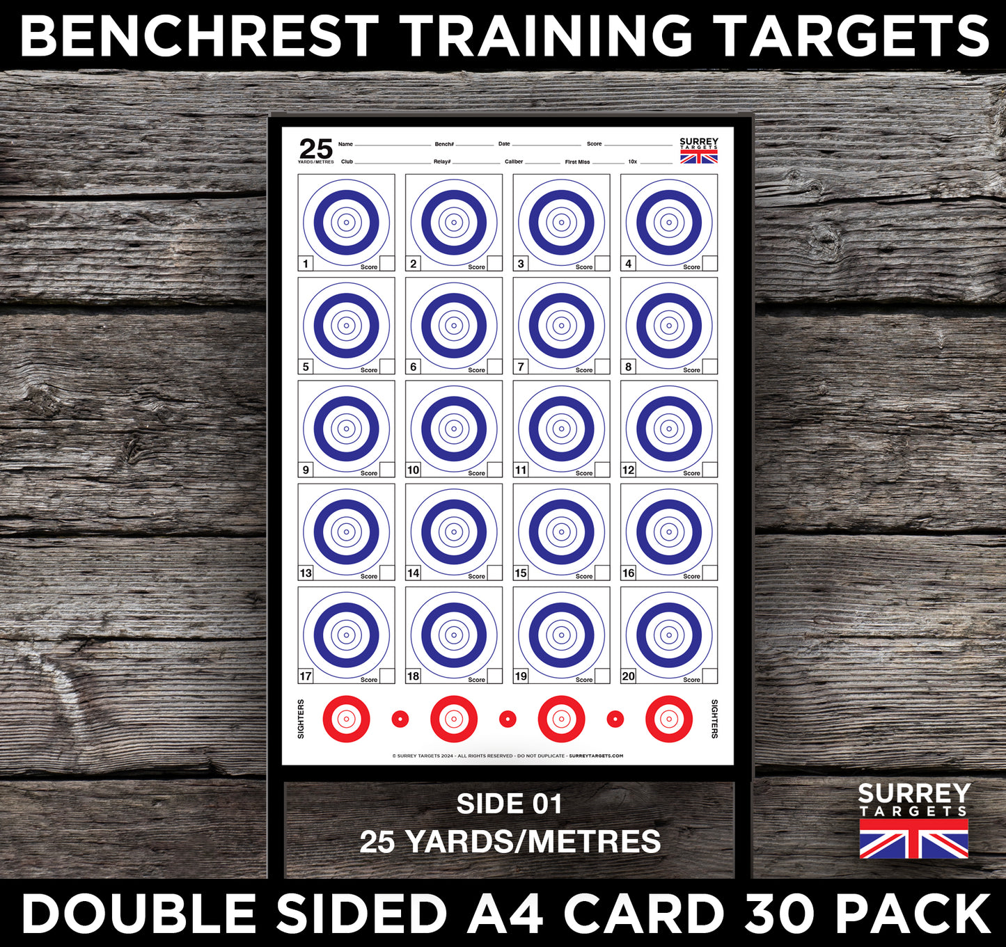 Benchrest Training Targets - 25yd/m & 50yd/m - Double Sided A4 Size Card - 30 Pack