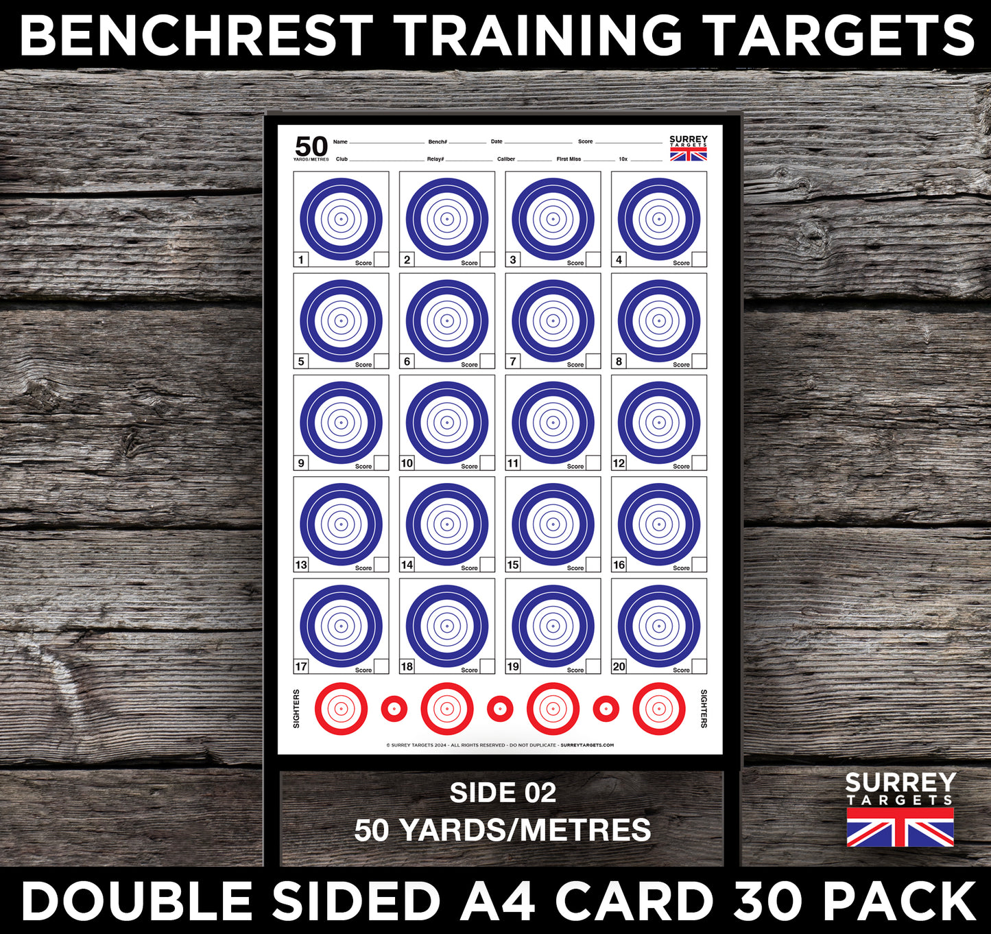 Benchrest Training Targets - 25yd/m & 50yd/m - Double Sided A4 Size Card - 30 Pack