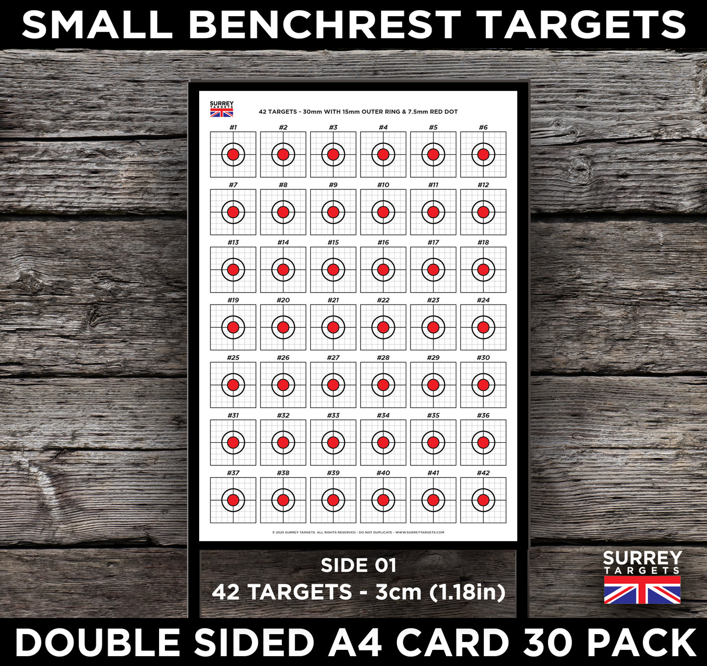 BENCHREST Shooting Targets 30mm A4 Sheets Airsoft Rifle Rimfire BB - 2 Sided 30 pack quality card