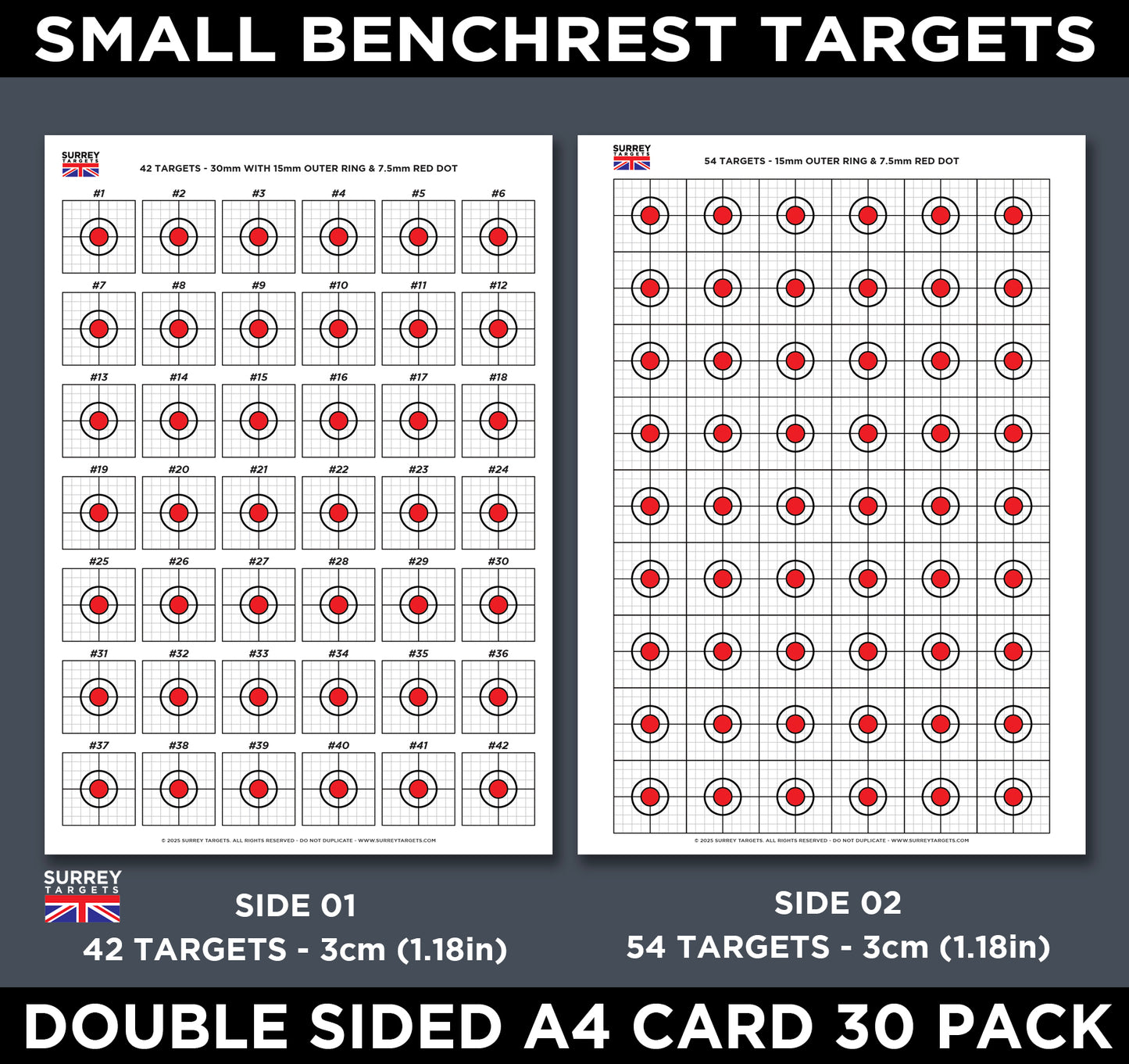 BENCHREST Shooting Targets 30mm A4 Sheets Airsoft Rifle Rimfire BB - 2 Sided 30 pack quality card