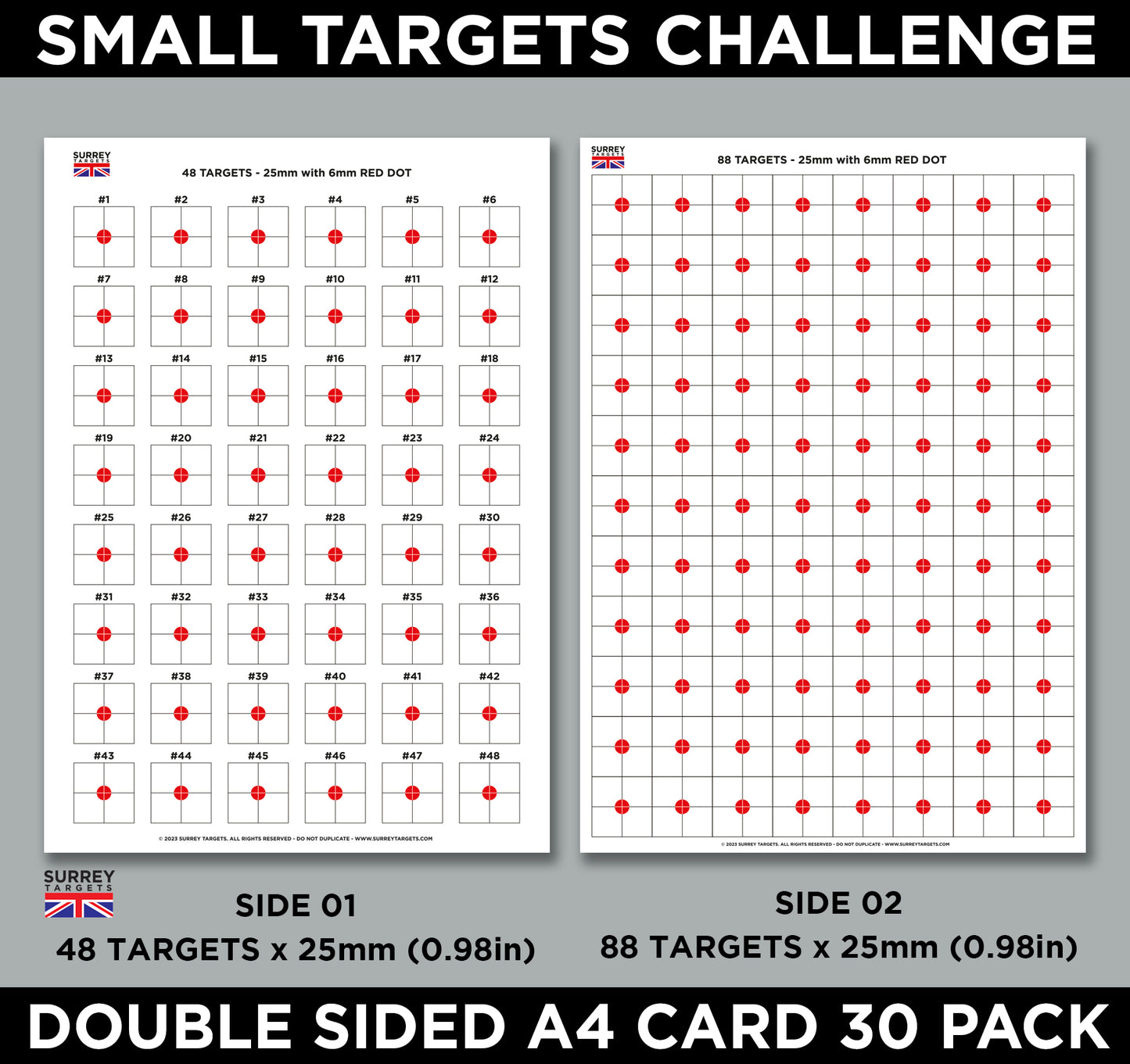 BENCHREST Shooting Targets 25mm A4 Sheets Airsoft PCP Rifle Rimfire 2 Sided 30 Pack