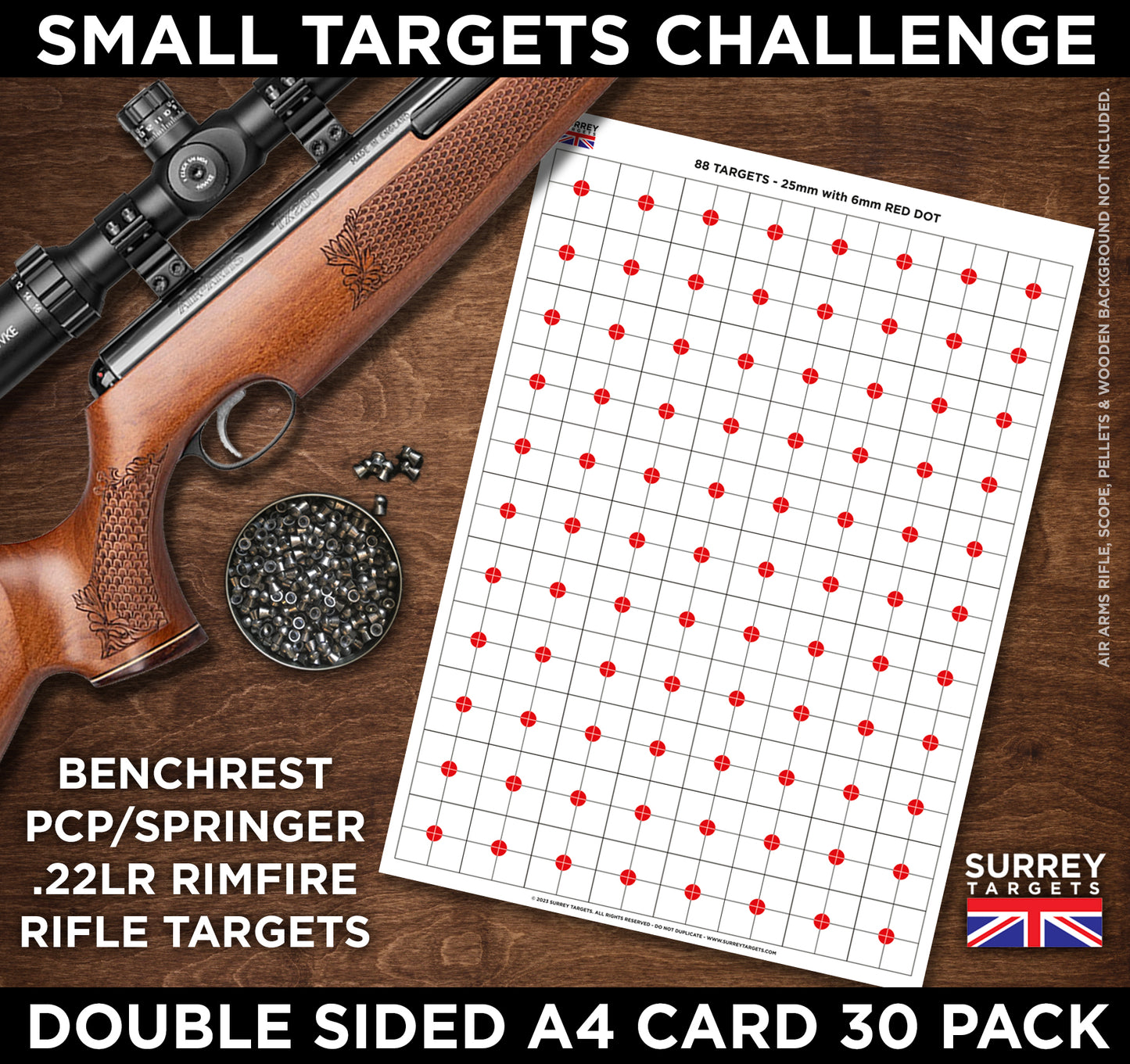 BENCHREST Shooting Targets 25mm with RED DOT - A4 Sheets Airsoft PCP Rifle Rimfire 2 Sided Card - 30 Pack