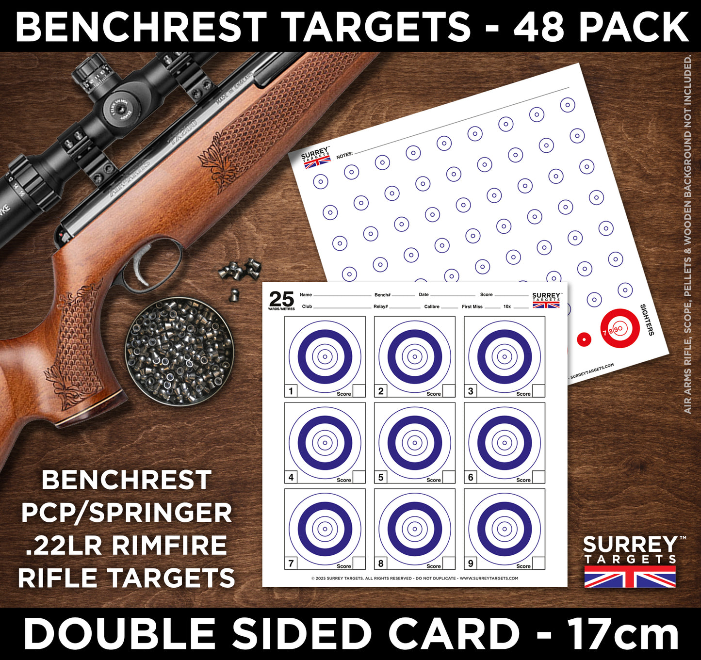 BENCHREST 25m/yd Competition & Practice. To fit 17cm Target Holders. Double Sided Card. Pack of 48