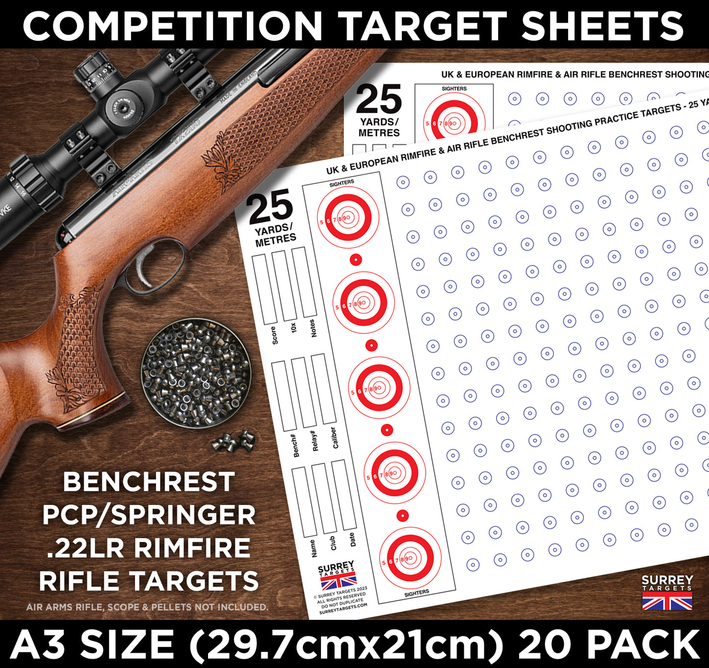 Competition & Practice Targets Sheets - Benchrest Rifle 25 Yards/Metres - Double Sided A3 Size - 20 Card Pack