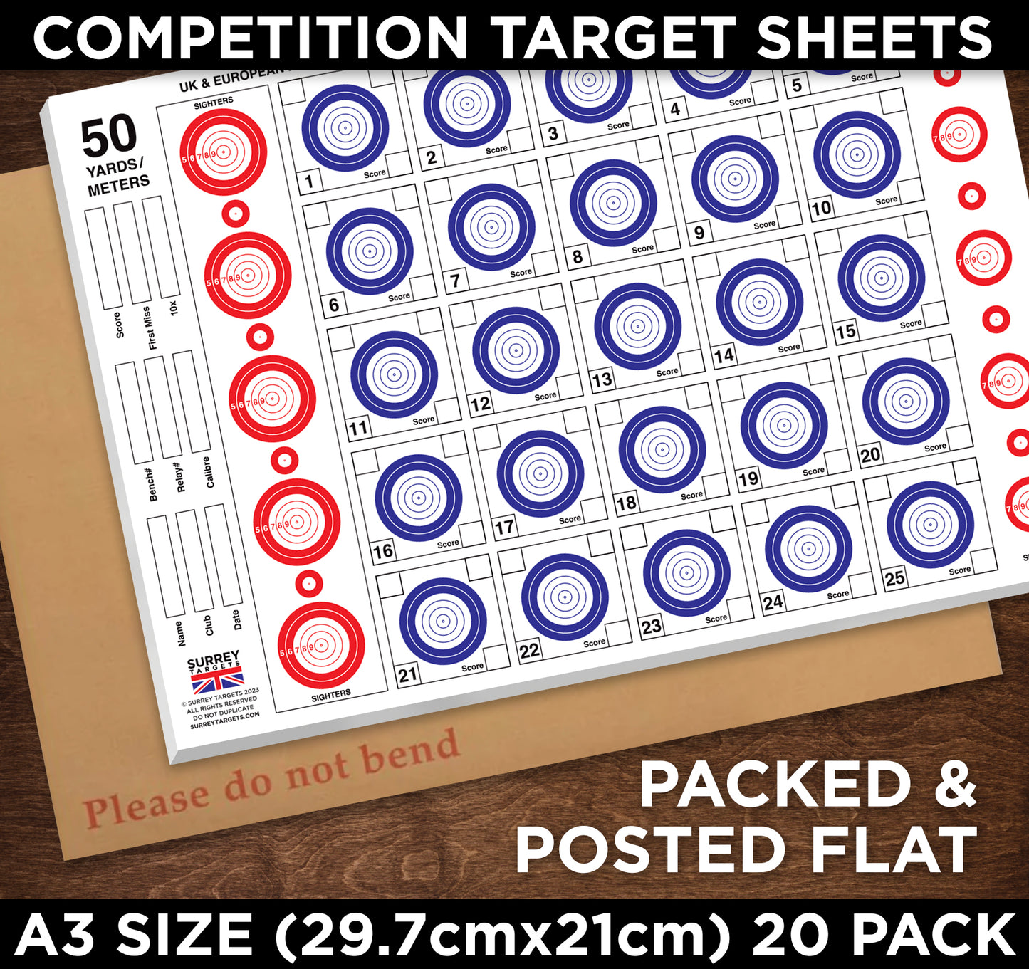 Competition & Practice Targets Sheets - Benchrest Rifle 50 Yards/Metres - Double Sided A3 Size - 300gsm - 20 Card Pack
