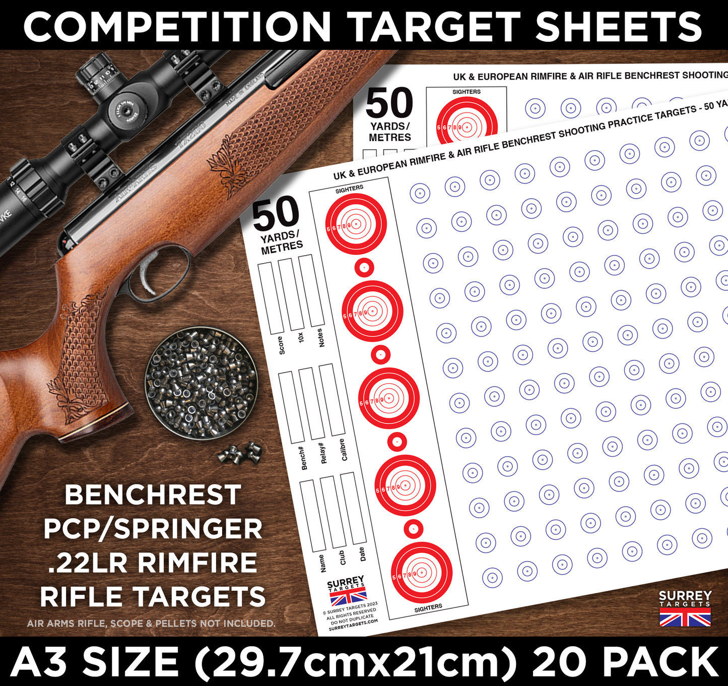 Competition & Practice Targets Sheets - Benchrest Rifle 50 Yards/Metres - Double Sided A3 Size - 300gsm - 20 Card Pack
