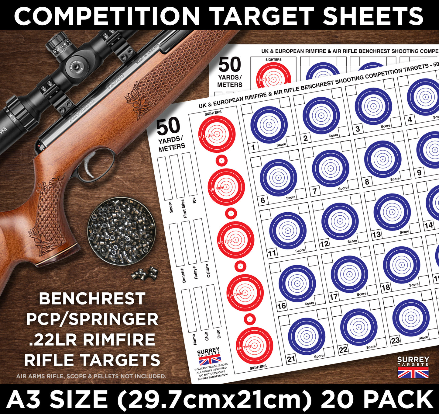 Competition Targets Sheets - Benchrest 50 Yards/Metres - A3 Size - 20 Pack