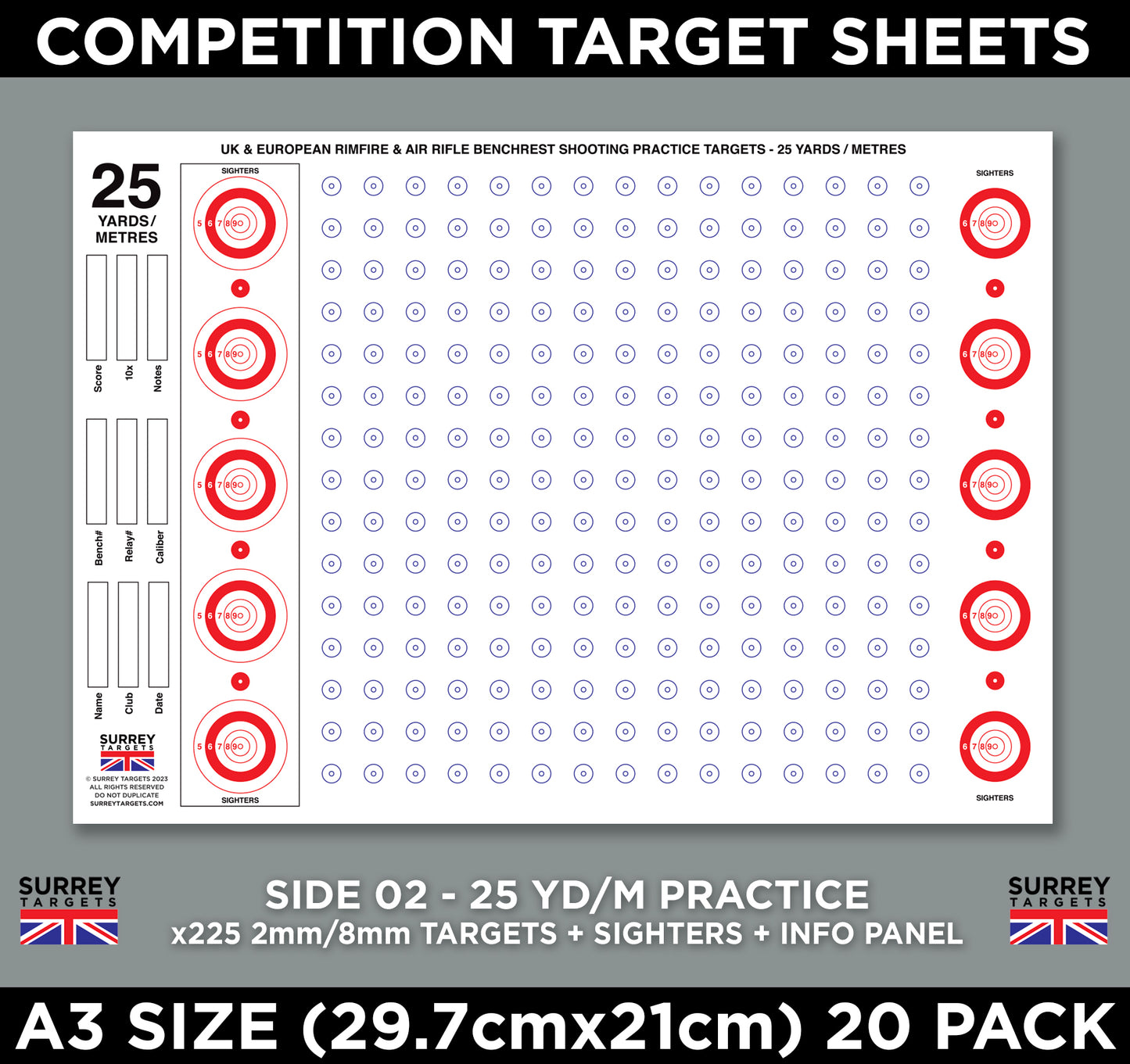 Competition & Practice Targets Sheets - Benchrest Rifle 25 Yards/Metres - Double Sided A3 Size - 20 Card Pack