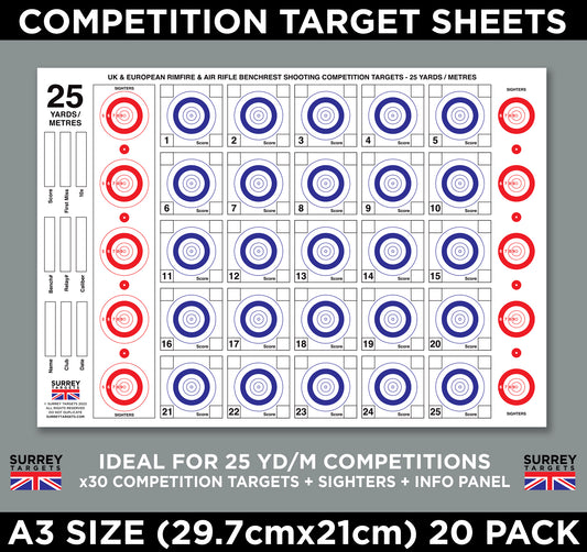 Competition Targets Sheets - Benchrest 25 Yards/Metres - A3 Size - 20 Pack