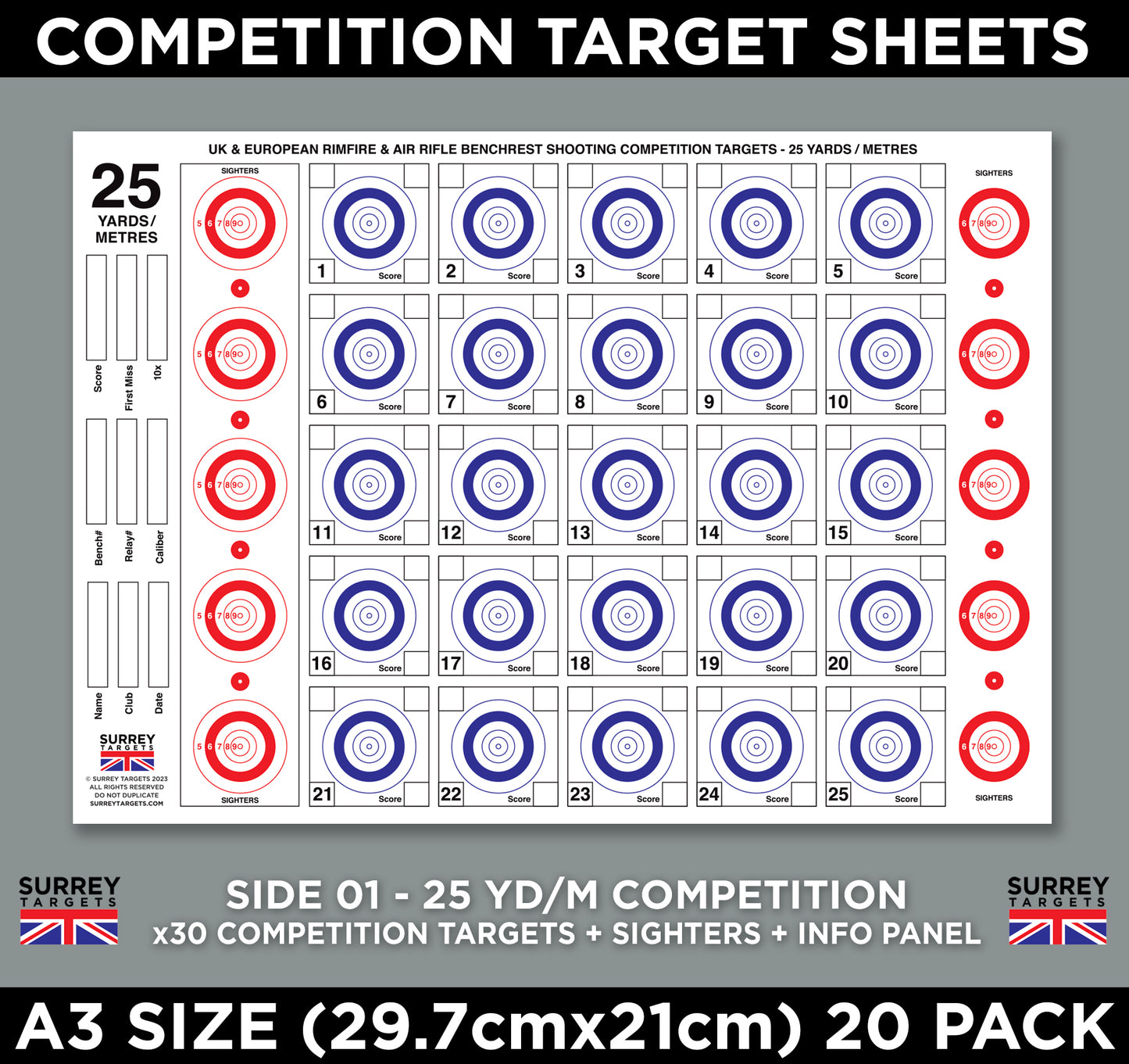 Competition & Practice Targets Sheets - Benchrest Rifle 25 Yards/Metres - Double Sided A3 Size - 20 Card Pack