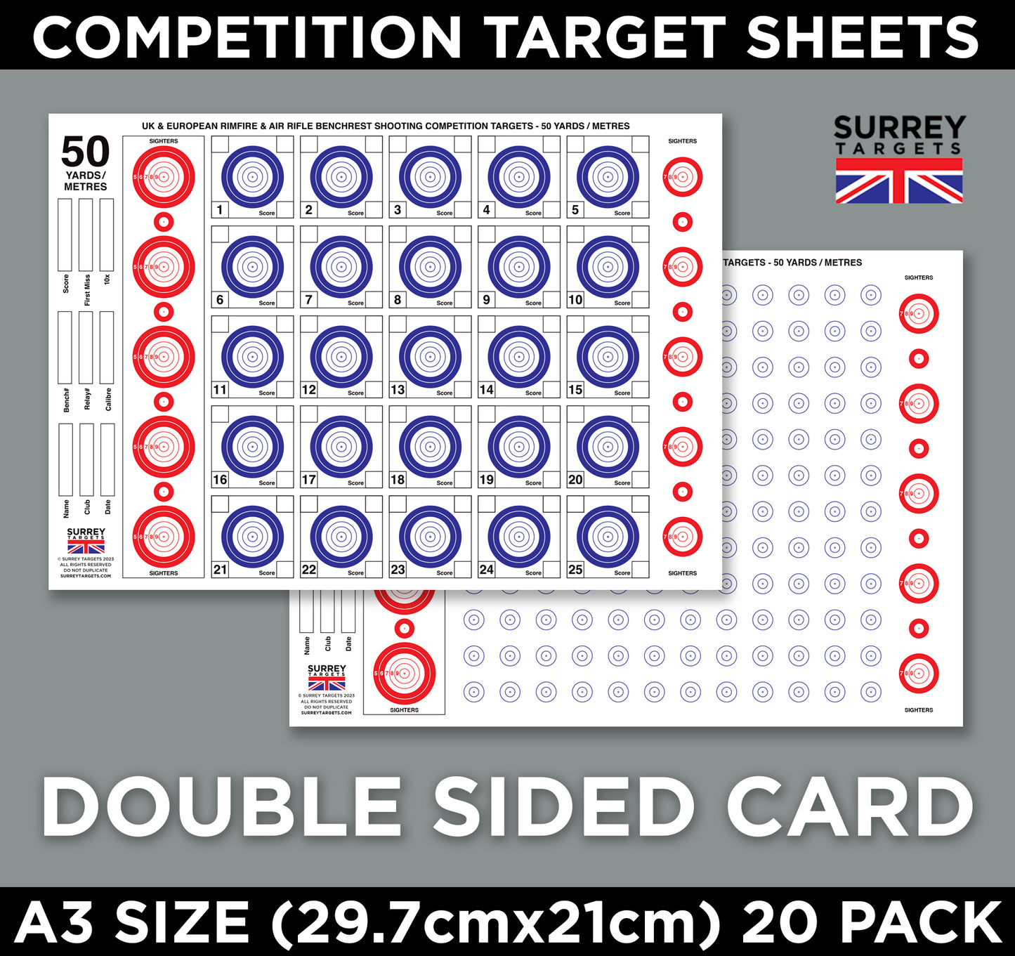 Competition & Practice Targets Sheets - Benchrest Rifle 50 Yards/Metres - Double Sided A3 Size - 300gsm - 20 Card Pack
