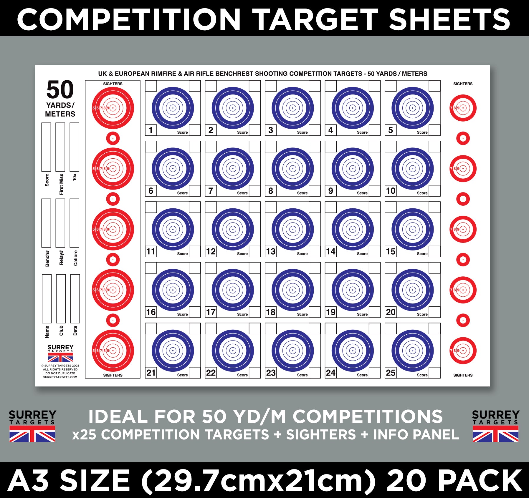 Competition Specific Target Competition Targets Sheets - Benchrest 50 Yards/Metres - A3 Size - 20 ...