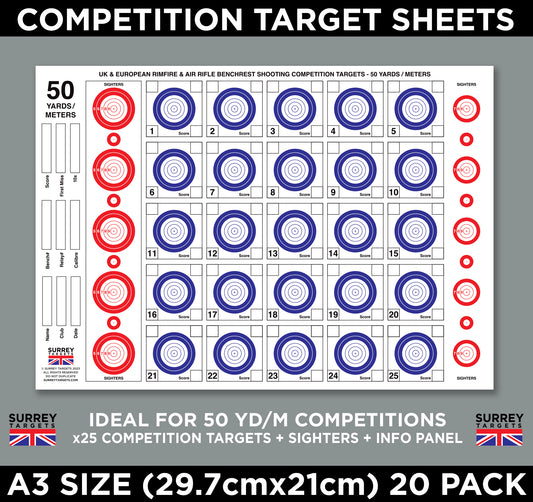 Competition Targets Sheets - Benchrest 50 Yards/Metres - A3 Size - 20 Pack