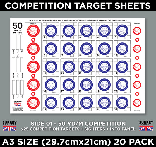 Competition & Practice Targets Sheets - Benchrest Rifle 50 Yards/Metres - Double Sided A3 Size - 300gsm - 20 Card Pack