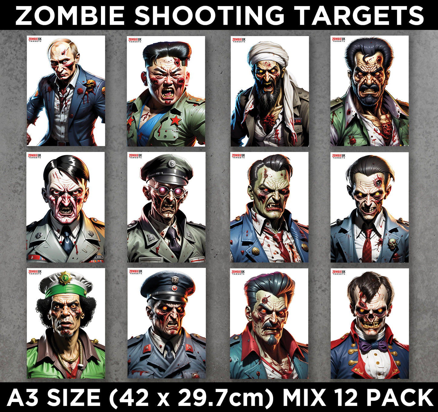 A3 ZOMBIE SHOOTING TARGETS Tactical Air Rifle Pistol Gun Airsoft BB MIXED 12 Pack