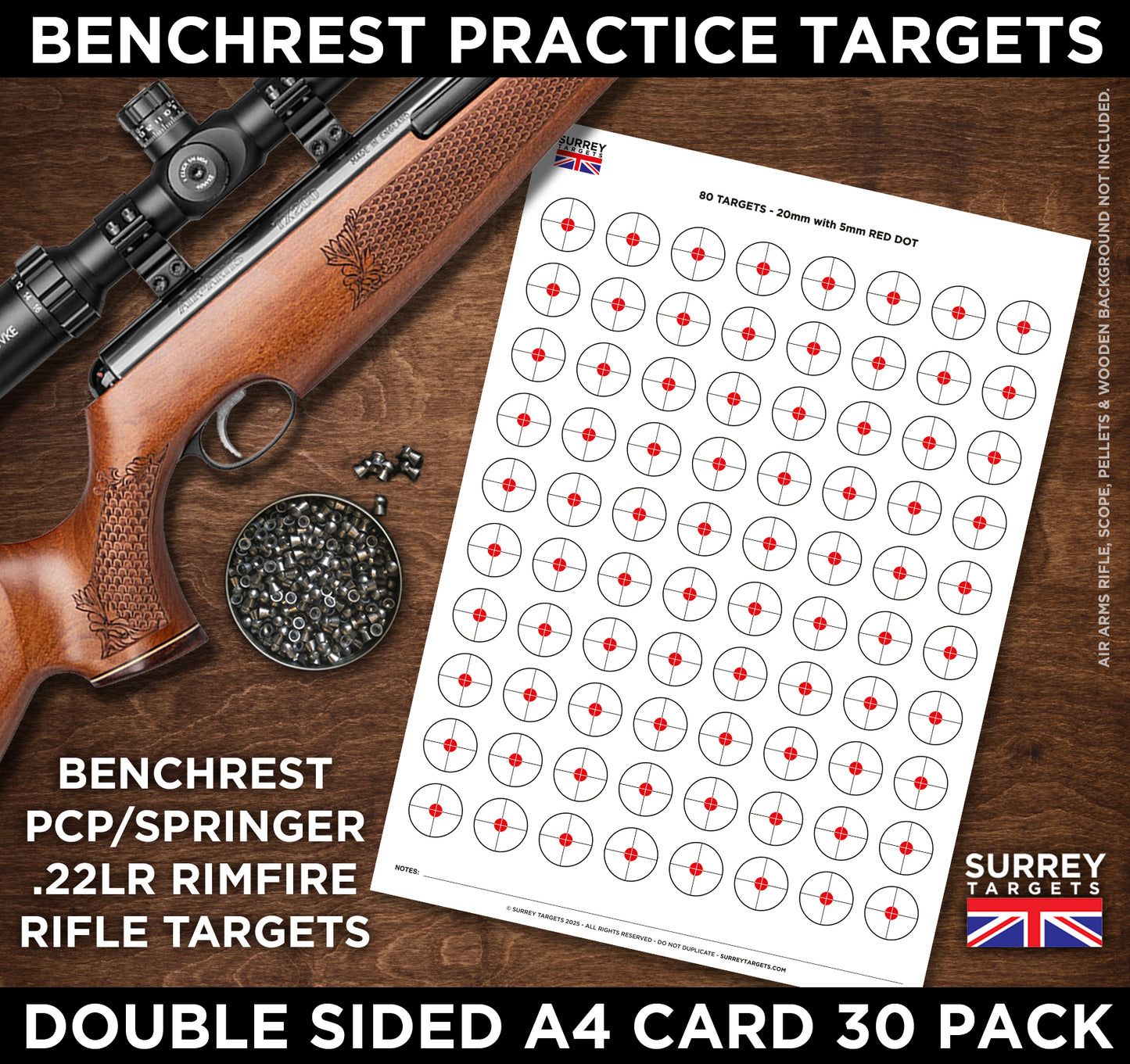 Benchrest Training & Practice Targets - 25yd/m & 50yd/m - Double Sided A4 Size Card - 30 Pack