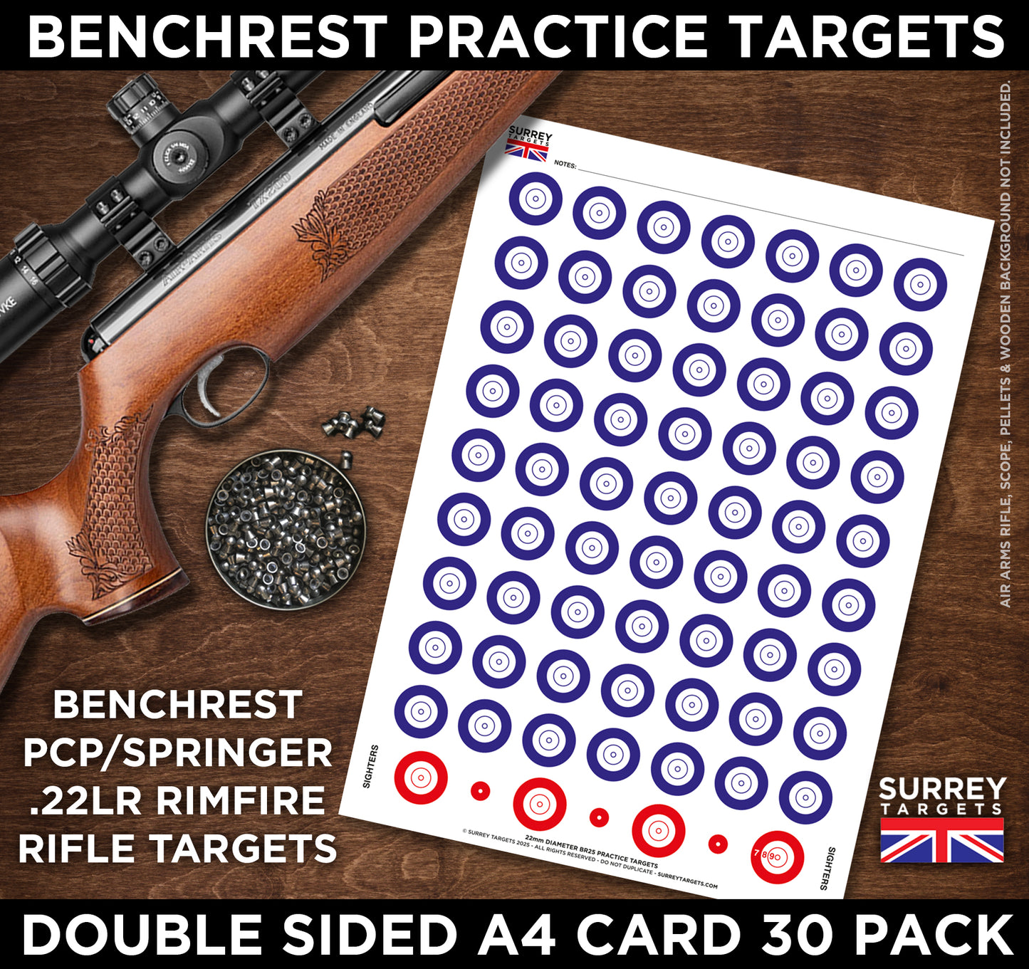 Benchrest Training & Practice Targets - 25yd/m - Double Sided A4 Size Card - 30 Pack