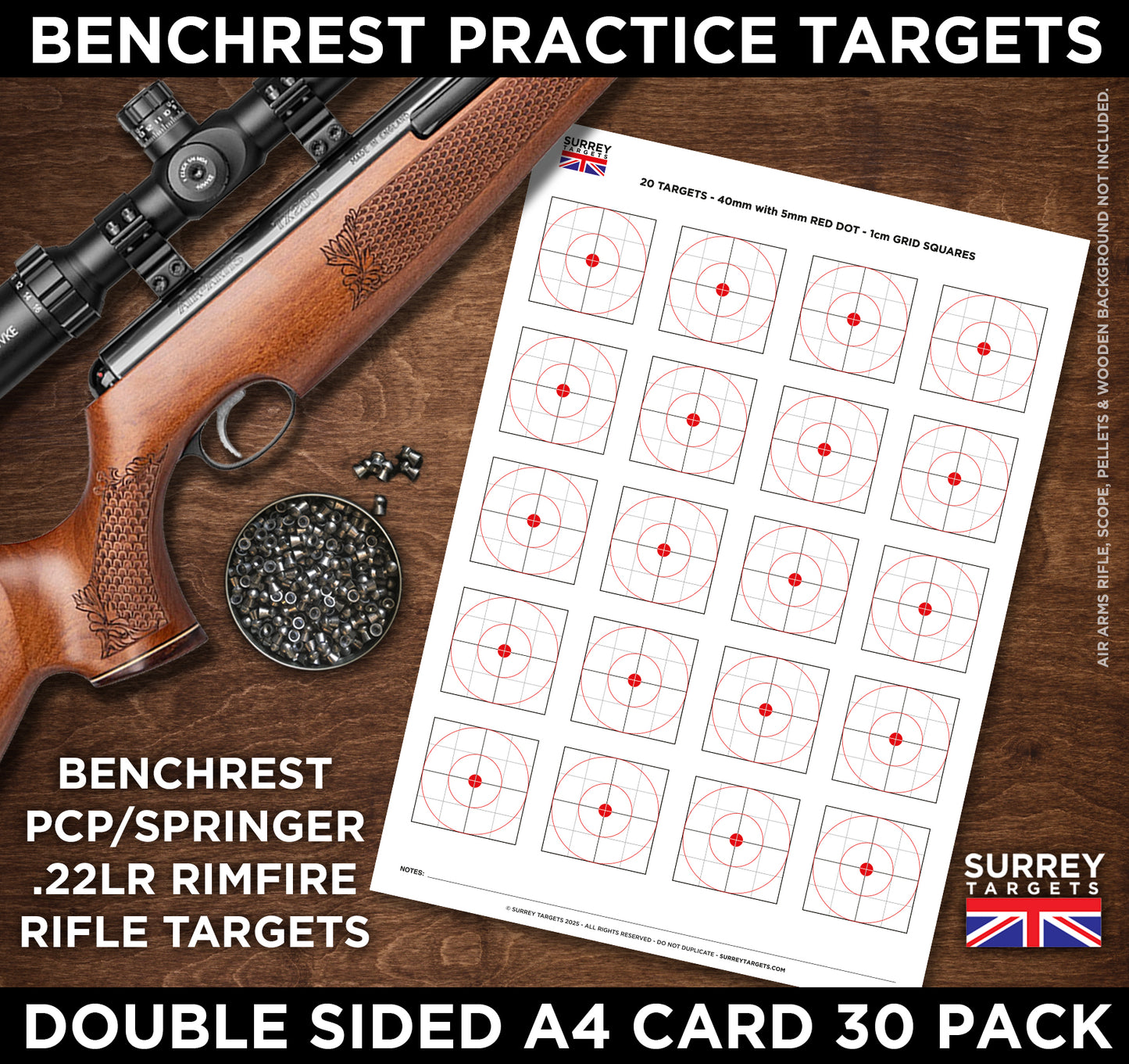 Benchrest Training & Practice Targets - 25yd/m & 50yd/m - Double Sided A4 Size Card - 30 Pack