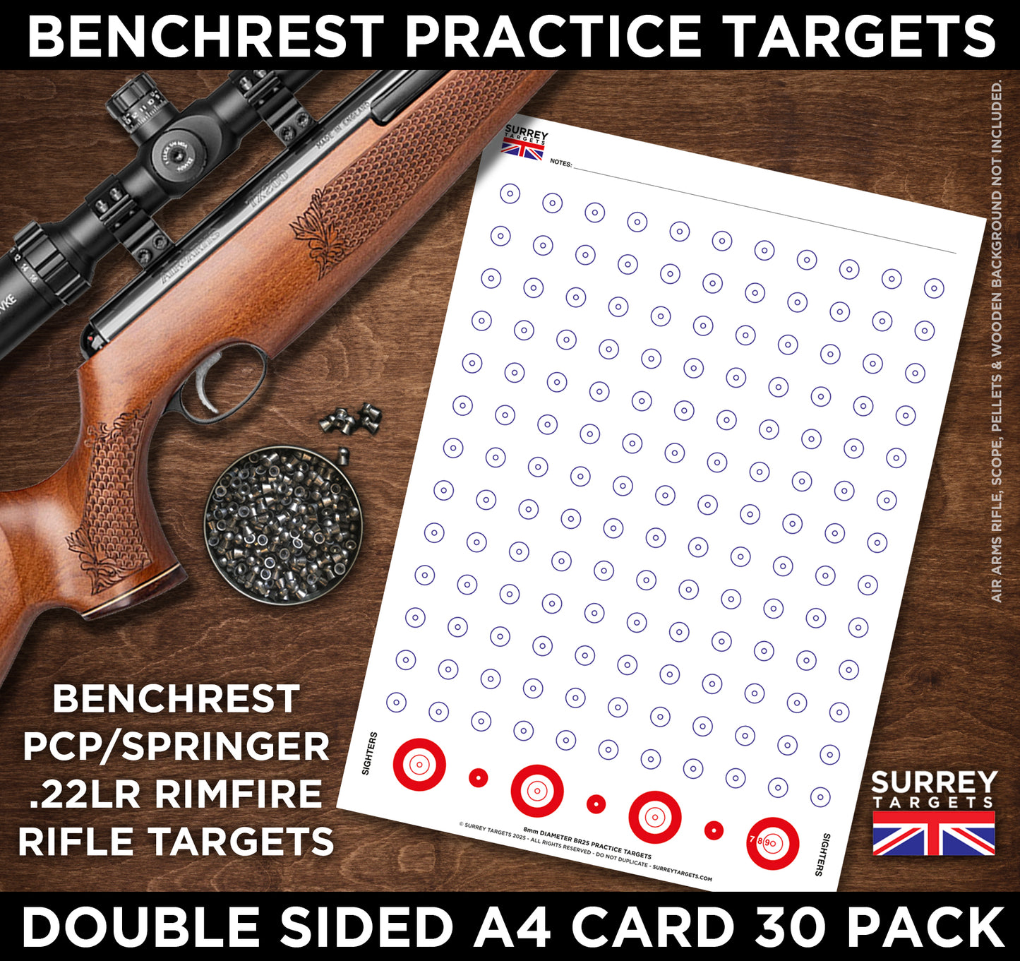 Benchrest Training & Practice Targets - 25yd/m - Double Sided A4 Size Card - 30 Pack