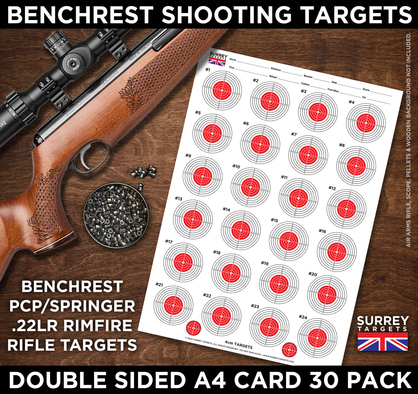 Benchrest Shooting 6cm & 4cm Diameter Targets A4 Card Air Rifle Pistol 2 Sided 30 pack