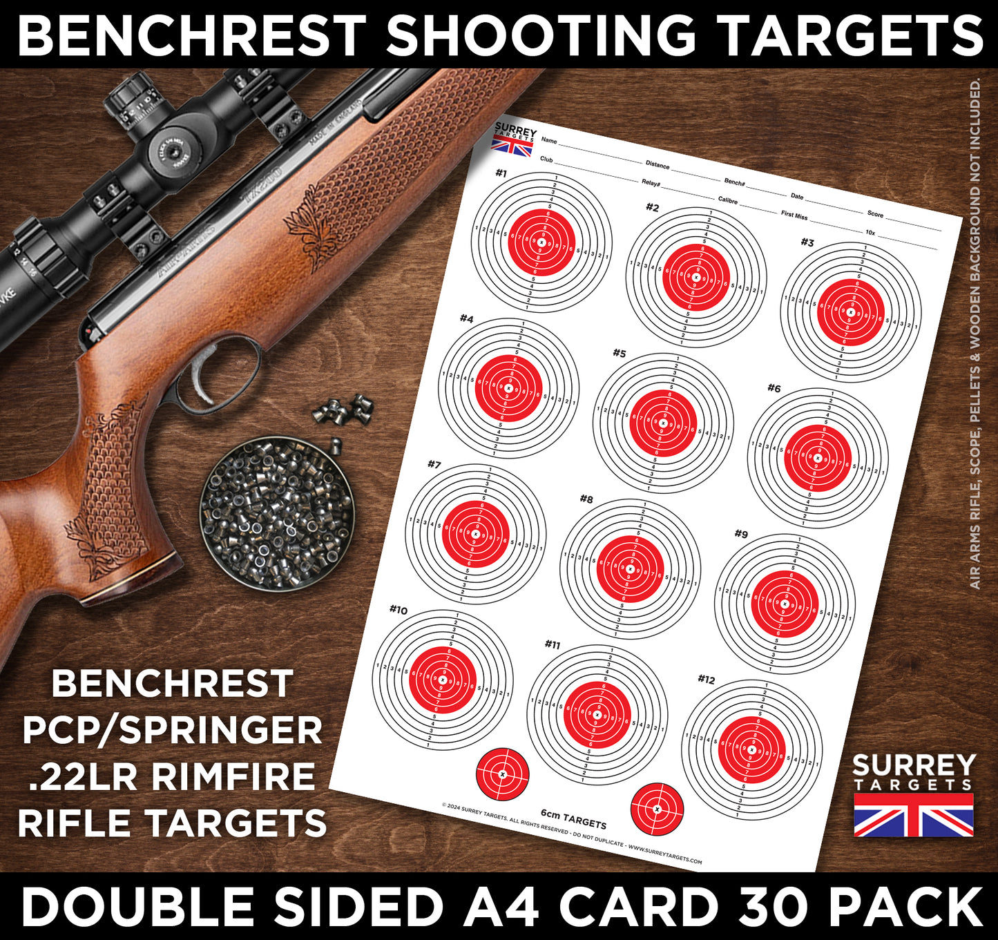 Benchrest Shooting 6cm & 4cm Diameter Targets A4 Card Air Rifle Pistol 2 Sided 30 pack