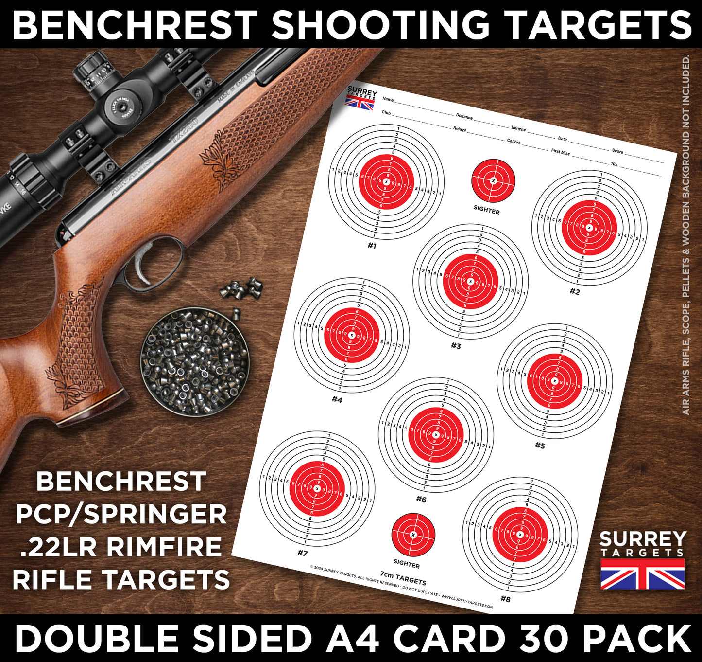 Benchrest Shooting 9cm & 7cm Diameter Targets A4 Card Air Rifle Pistol 2 Sided 30 pack