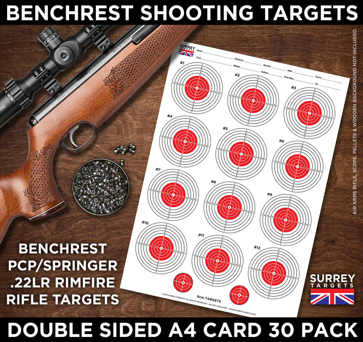 Benchrest Shooting 7cm & 4cm Diameter Targets A4 Card Air Rifle Pistol 2 Sided 30 Pack