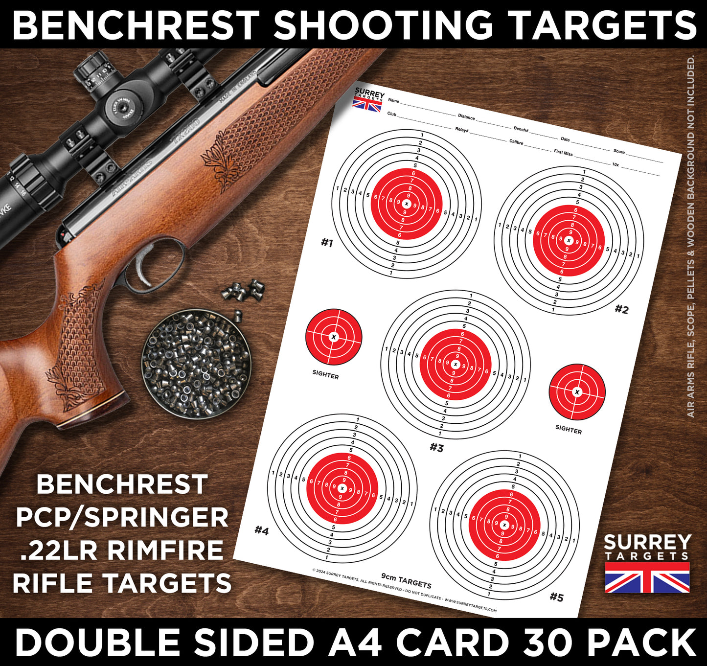 Benchrest Shooting 9cm & 7cm Diameter Targets A4 Card Air Rifle Pistol 2 Sided 30 pack