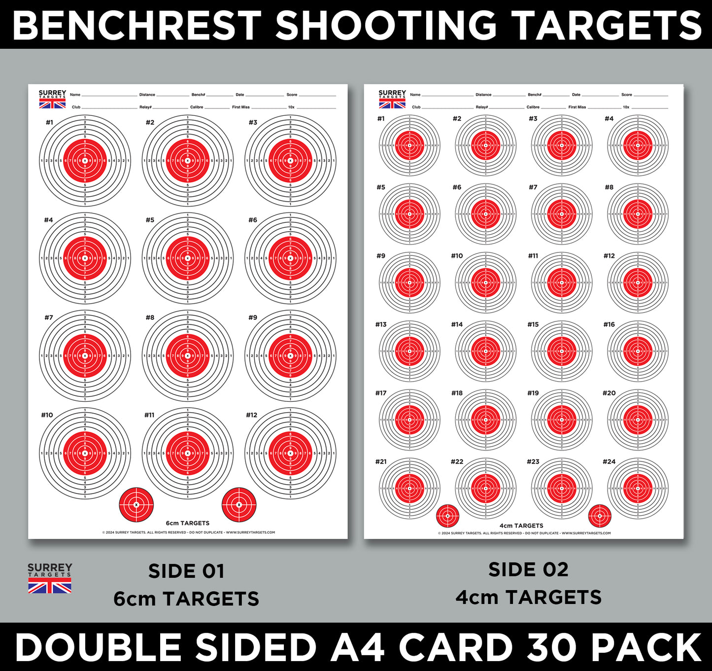 Benchrest Shooting 6cm & 4cm Diameter Targets A4 Card Air Rifle Pistol 2 Sided 30 pack