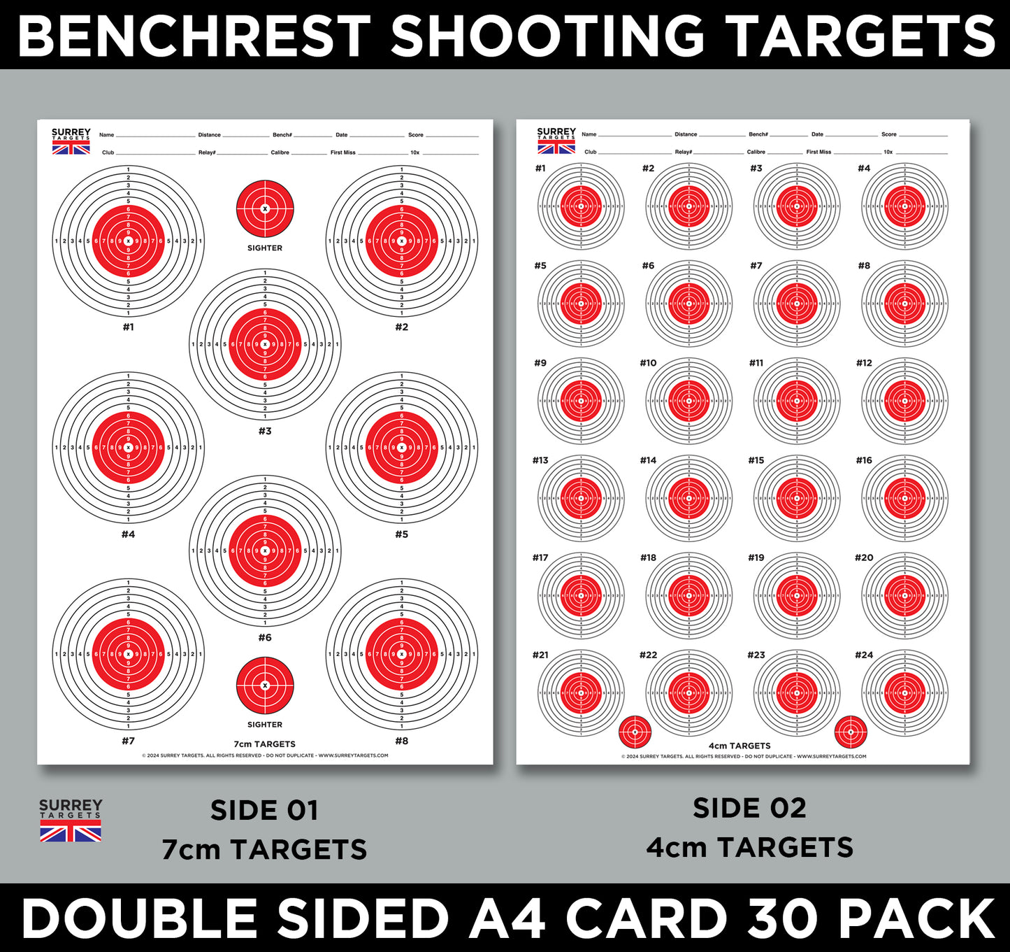 Benchrest Shooting 7cm & 4cm Diameter Targets A4 Card Air Rifle Pistol 2 Sided 30 Pack