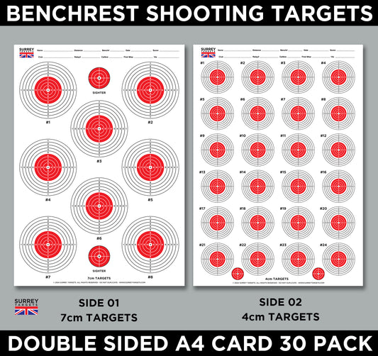 Benchrest Shooting 7cm & 4cm Diameter Targets A4 Card Air Rifle Pistol 2 Sided 30 Pack