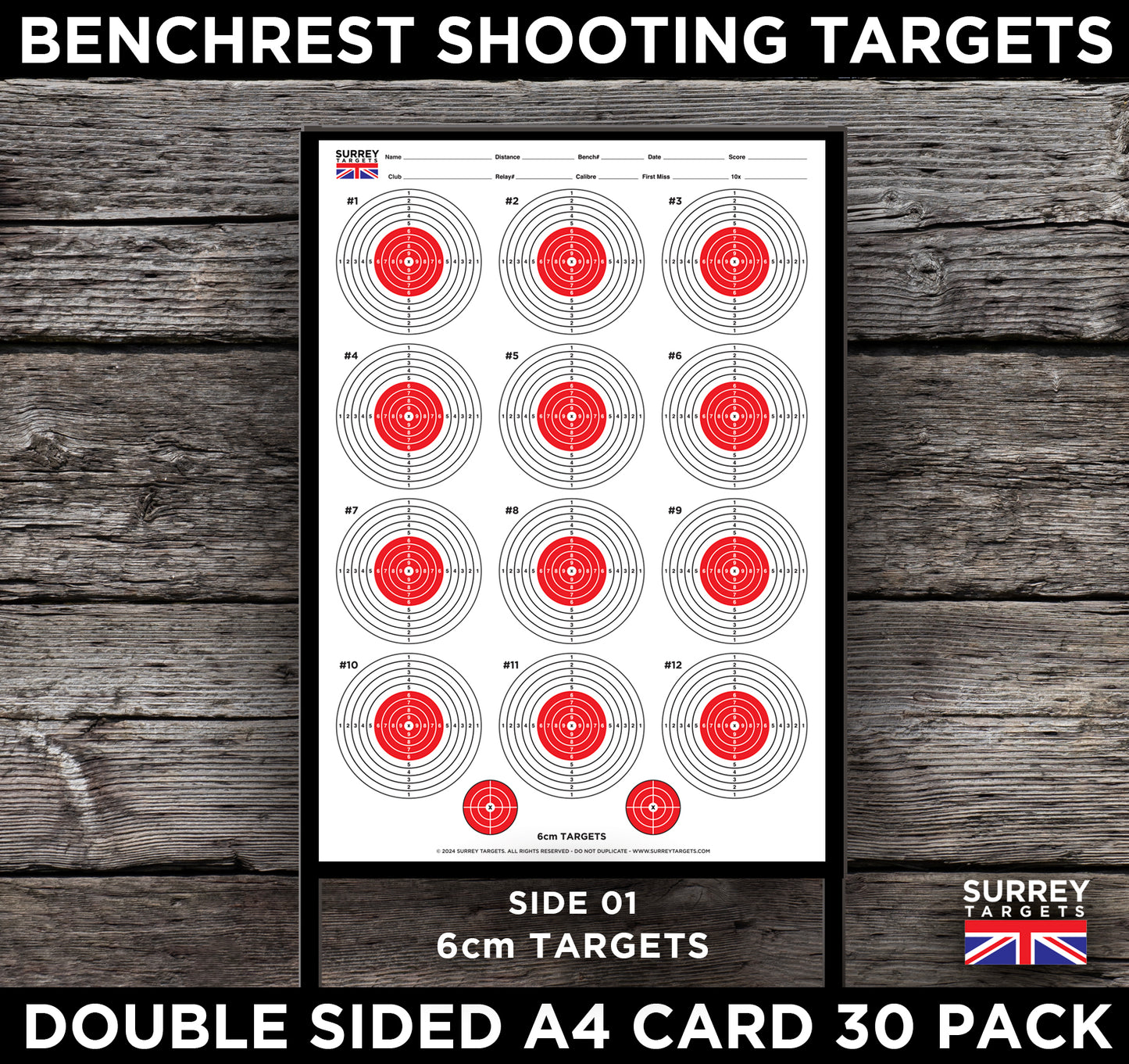 Benchrest Shooting 6cm & 4cm Diameter Targets A4 Card Air Rifle Pistol 2 Sided 30 pack